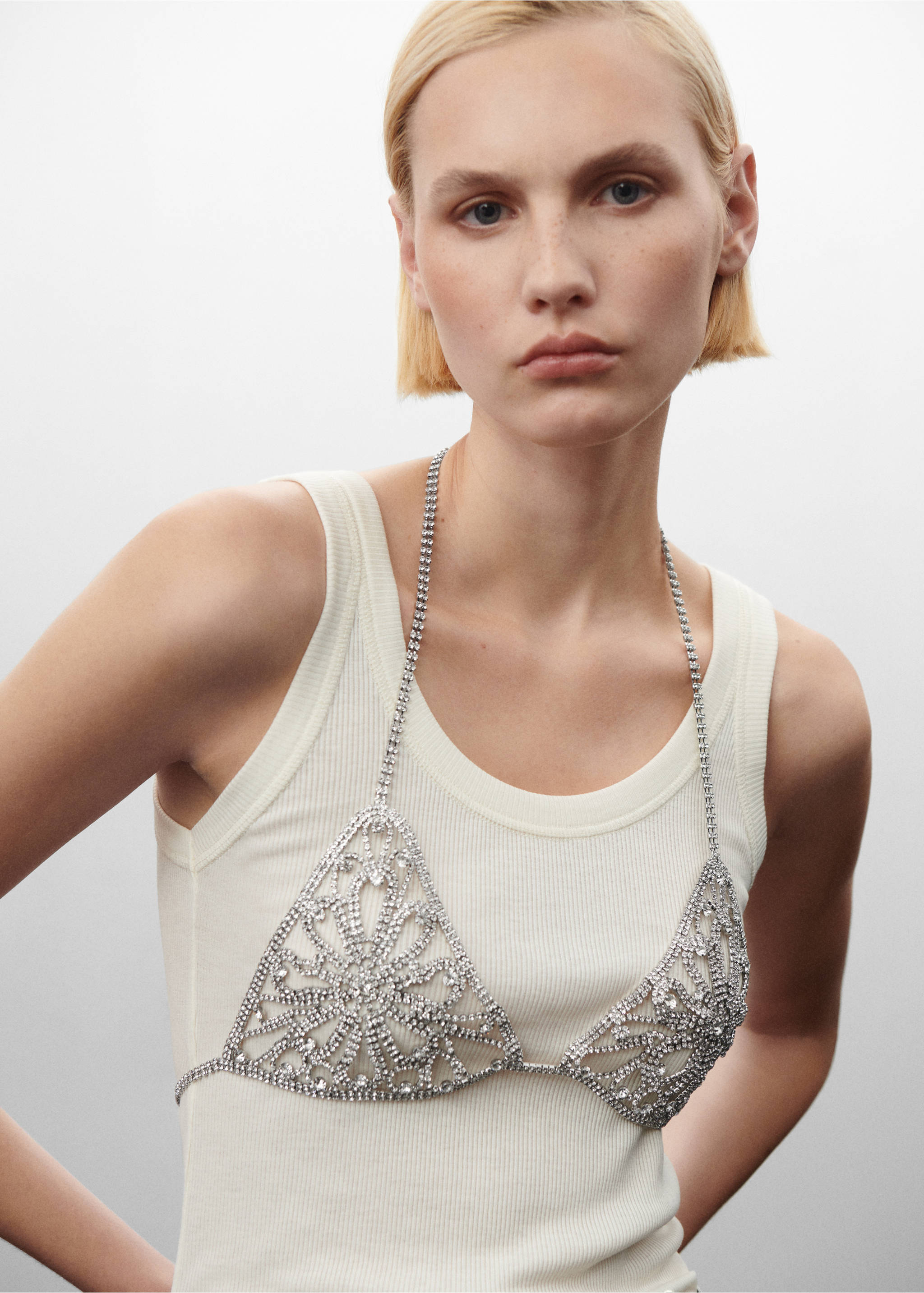 Rhinestone crystal body necklace - Details of the article 1, Silver. Ref: 57089116-00.