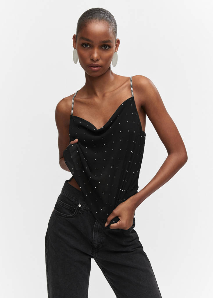 Top strass cuello drapeado - Mujer | MANGO Chile
