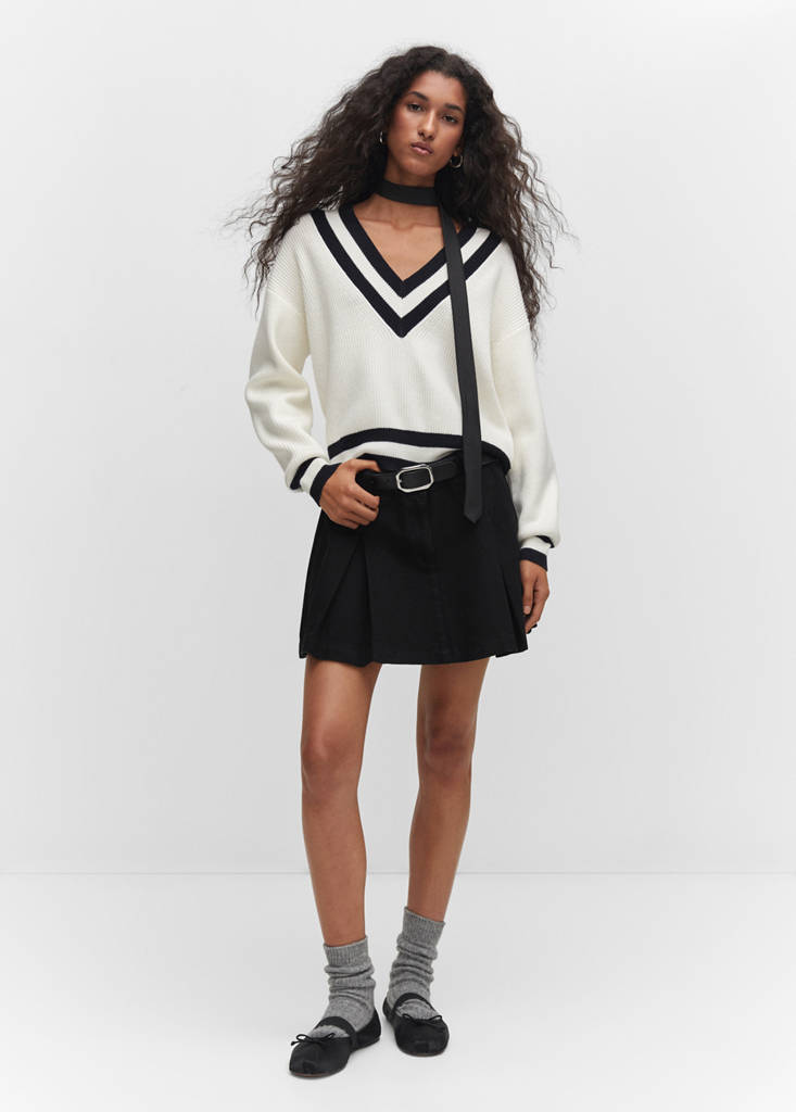 Pleated denim mini-skirt — Black denim