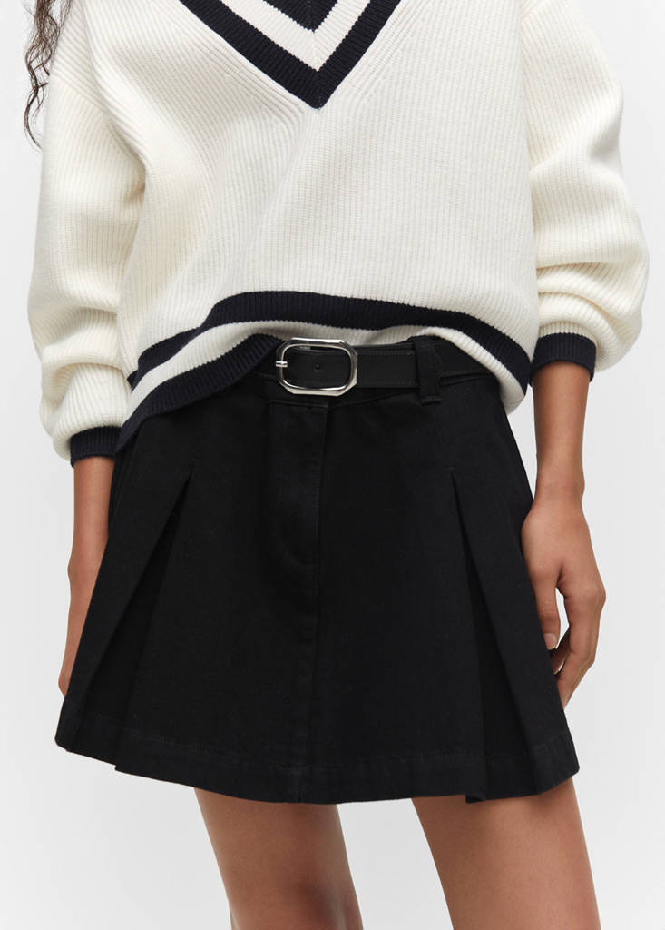 Pleated denim mini-skirt — Black denim
