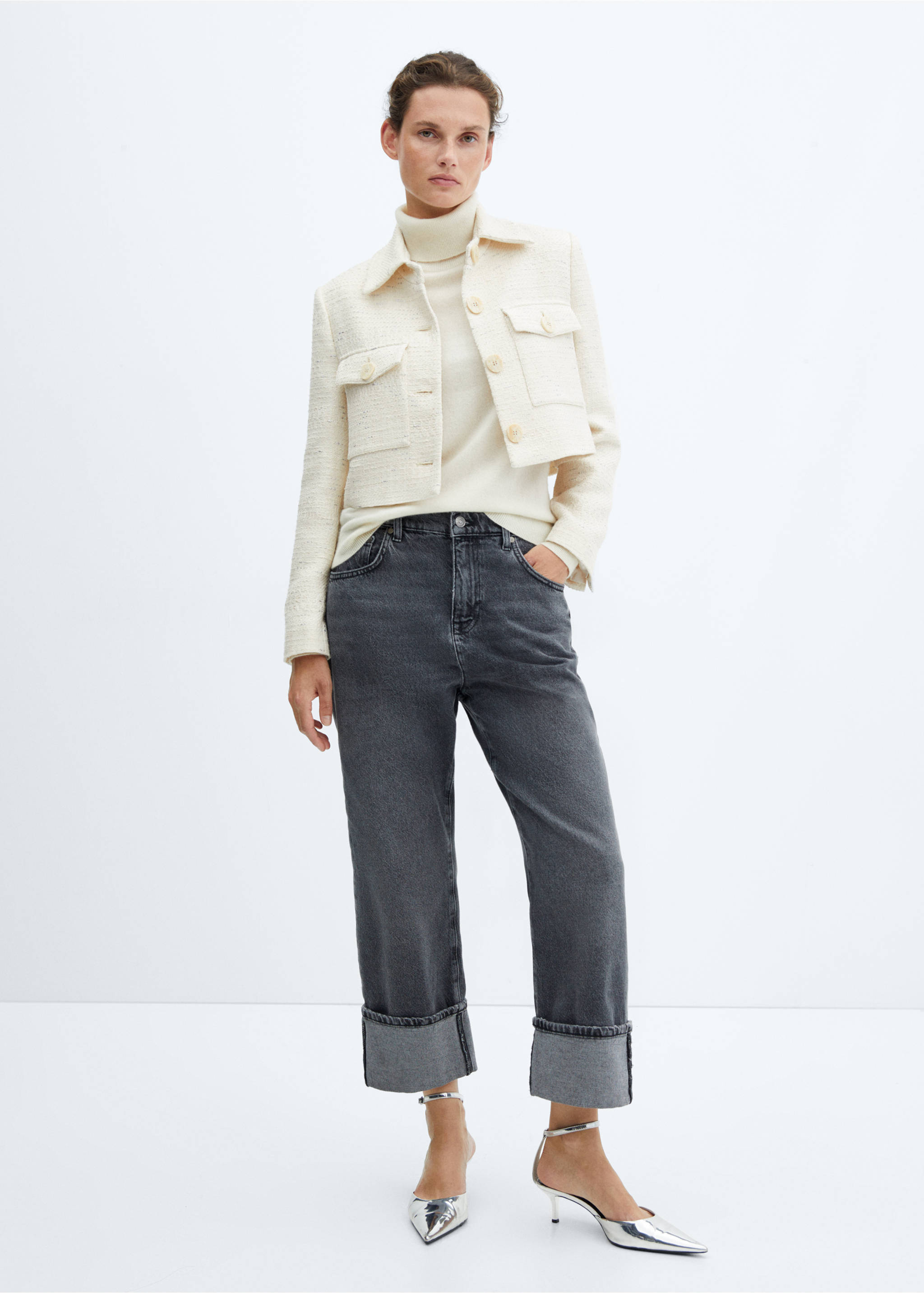 Chaqueta crop tweed bolsillos - Plano general, Crudo. Ref: 57094433-00.