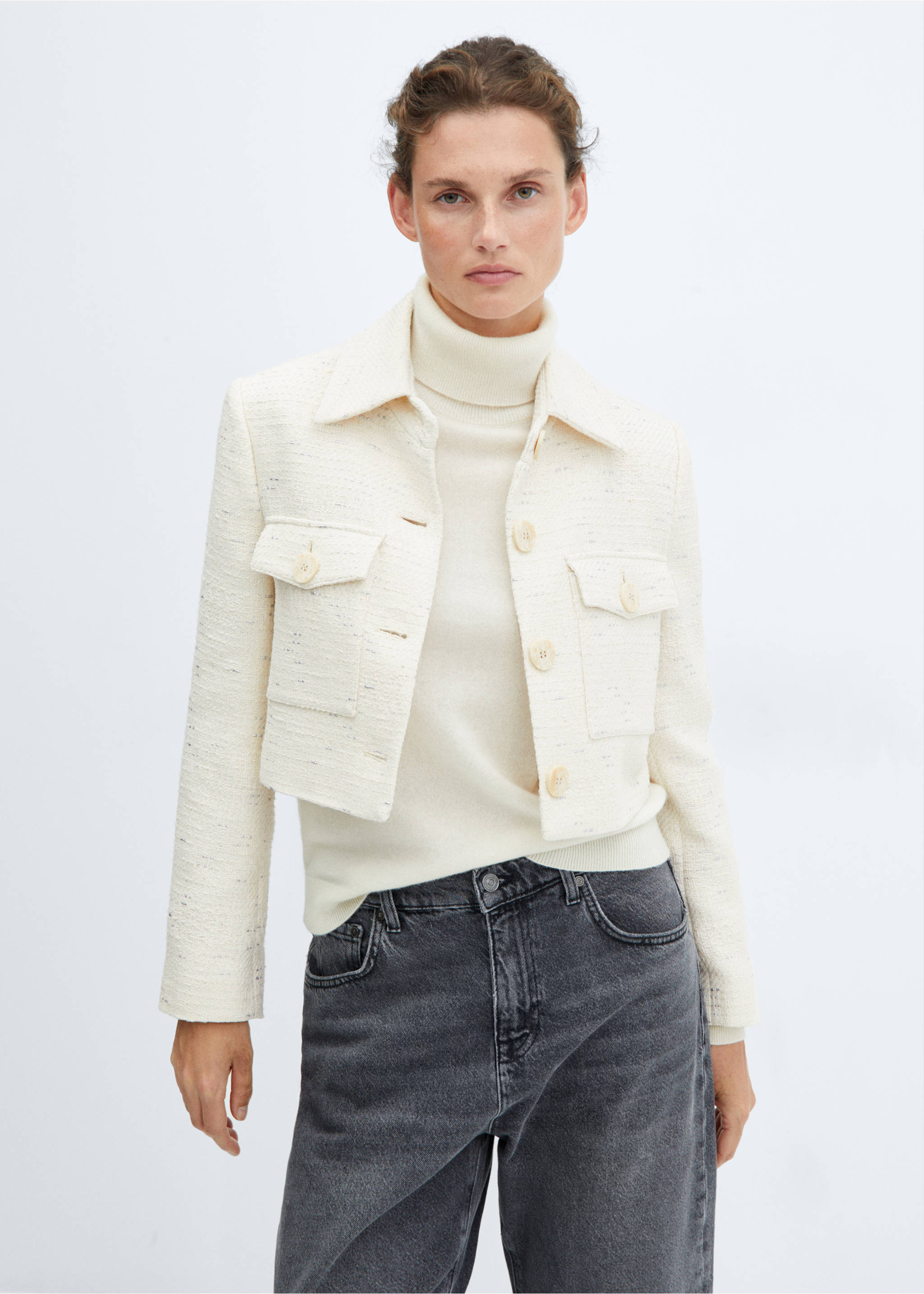 Chaqueta crop tweed bolsillos - Plano medio, Crudo. Ref: 57094433-00.