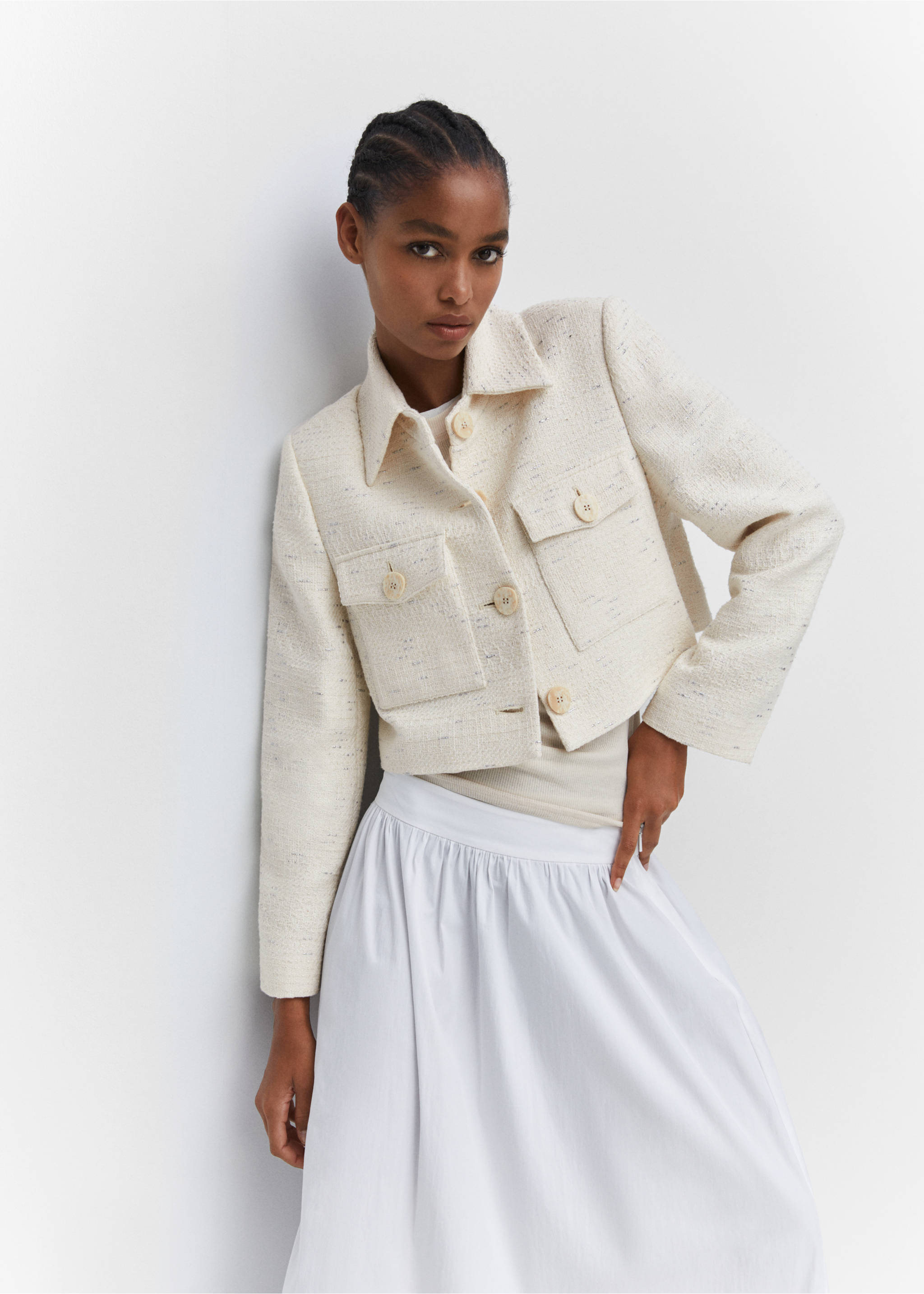 Chaqueta crop tweed bolsillos - Detalle del artículo 2, Crudo. Ref: 57094433-00.