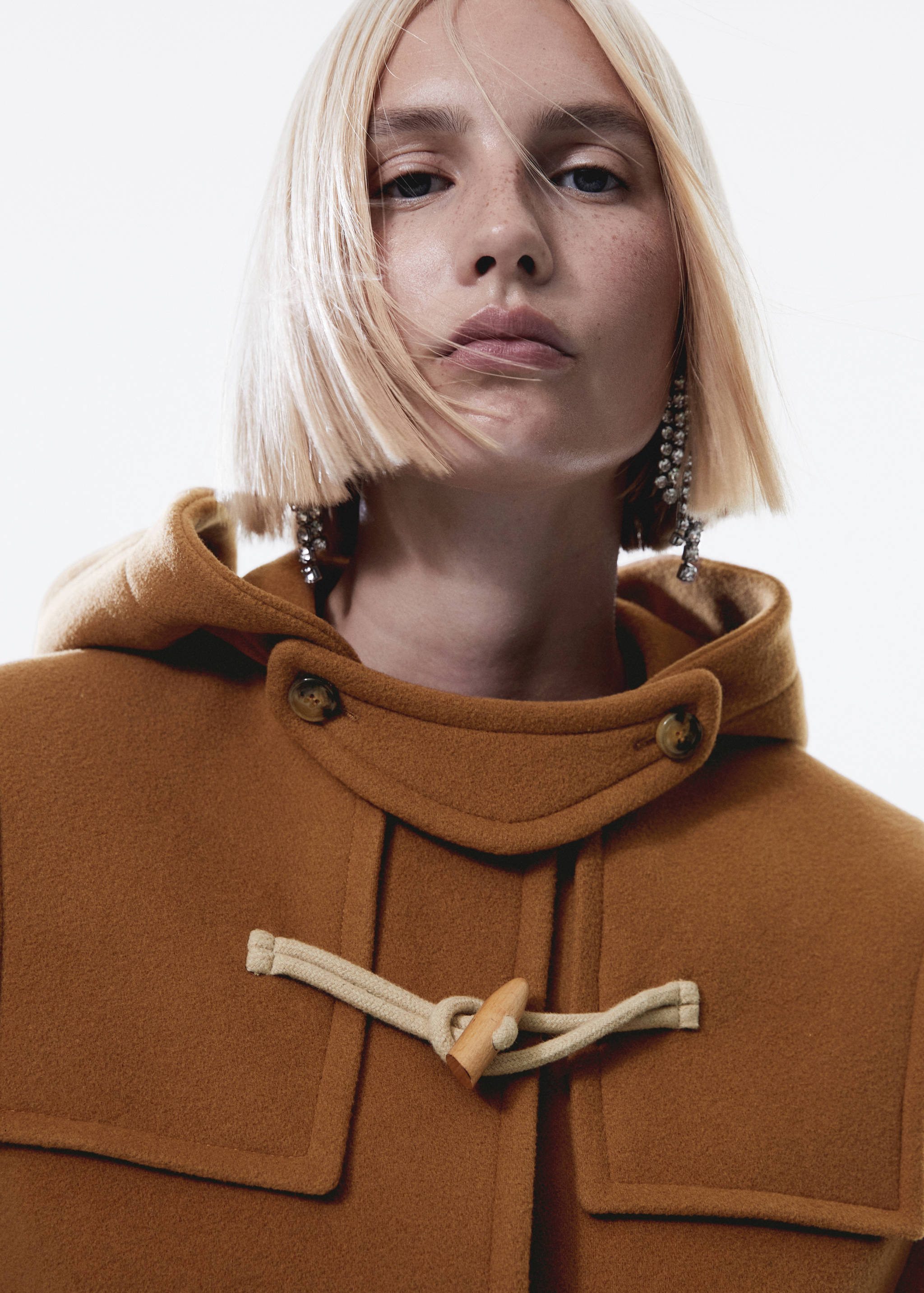 连帽羊毛混纺牛角扣大衣 - null