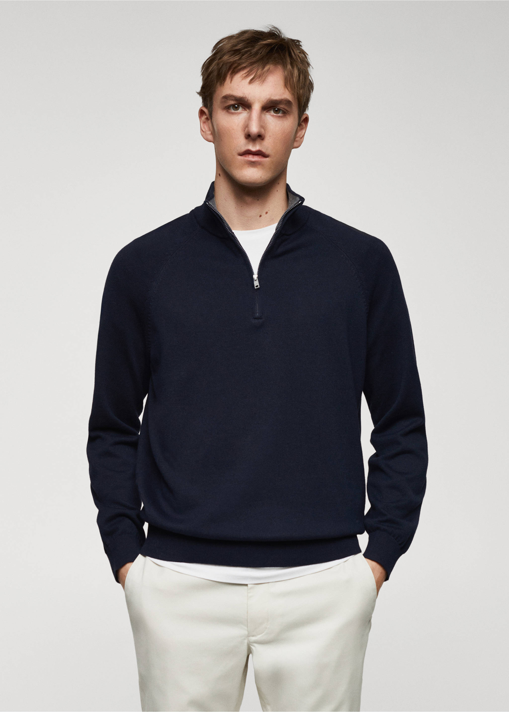 Cotton sweater with neck zip - Medium plane, Navy. Ref: 67000662-00.