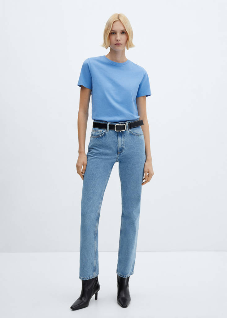 MANGO - T-shirt 100 % coton bleu - XS