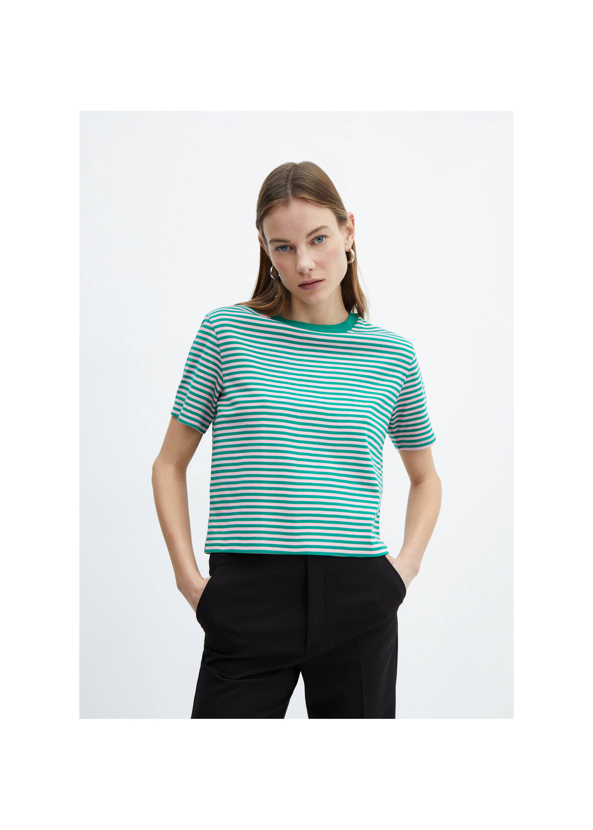 Striped short-sleeved t-shirt - Medium plane, Green. Ref: 67005752-00.