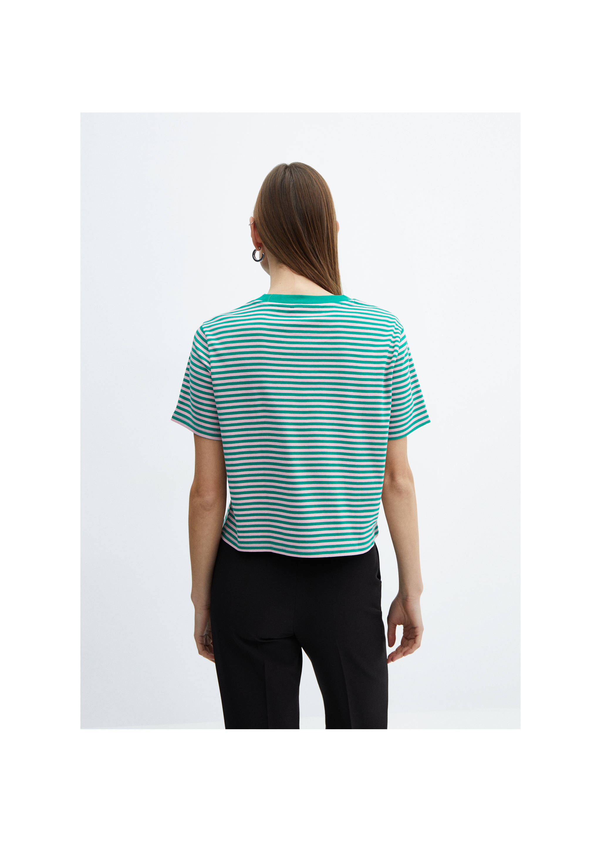 Striped short-sleeved t-shirt - Reverse of the article, Green. Ref: 67005752-00.
