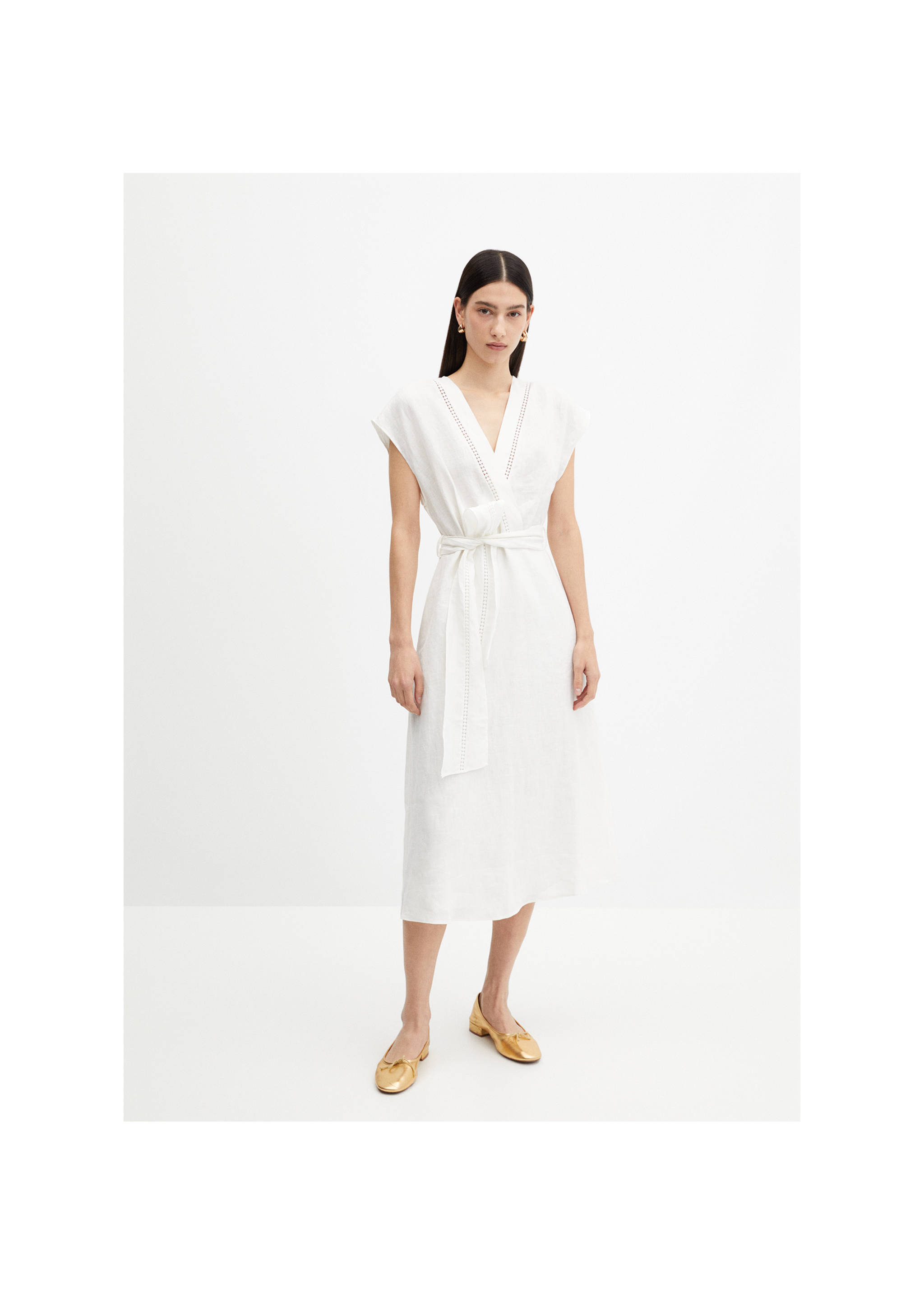 100% linen dress with bow - General plane, White. Ref: 67007116-00.