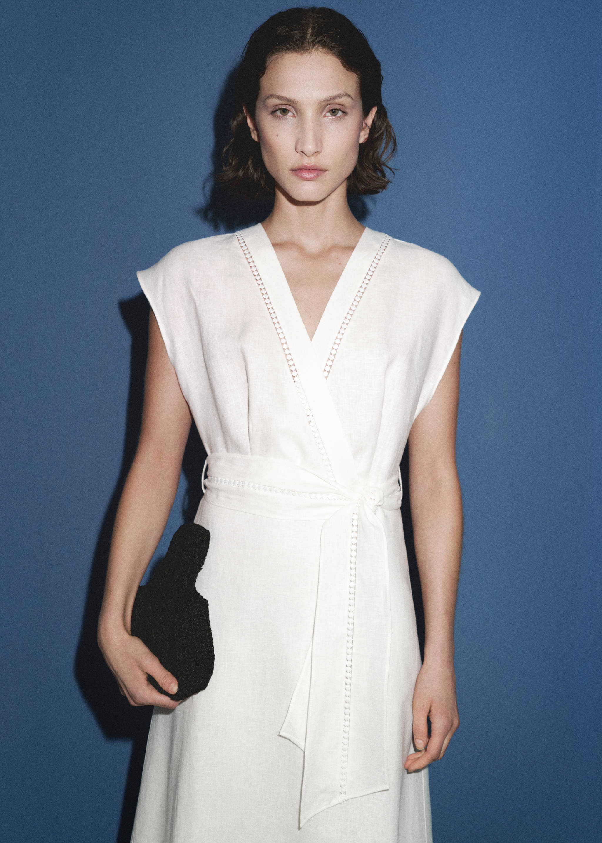 100% linen dress with bow - Details of the article 3, White. Ref: 67007116-00.