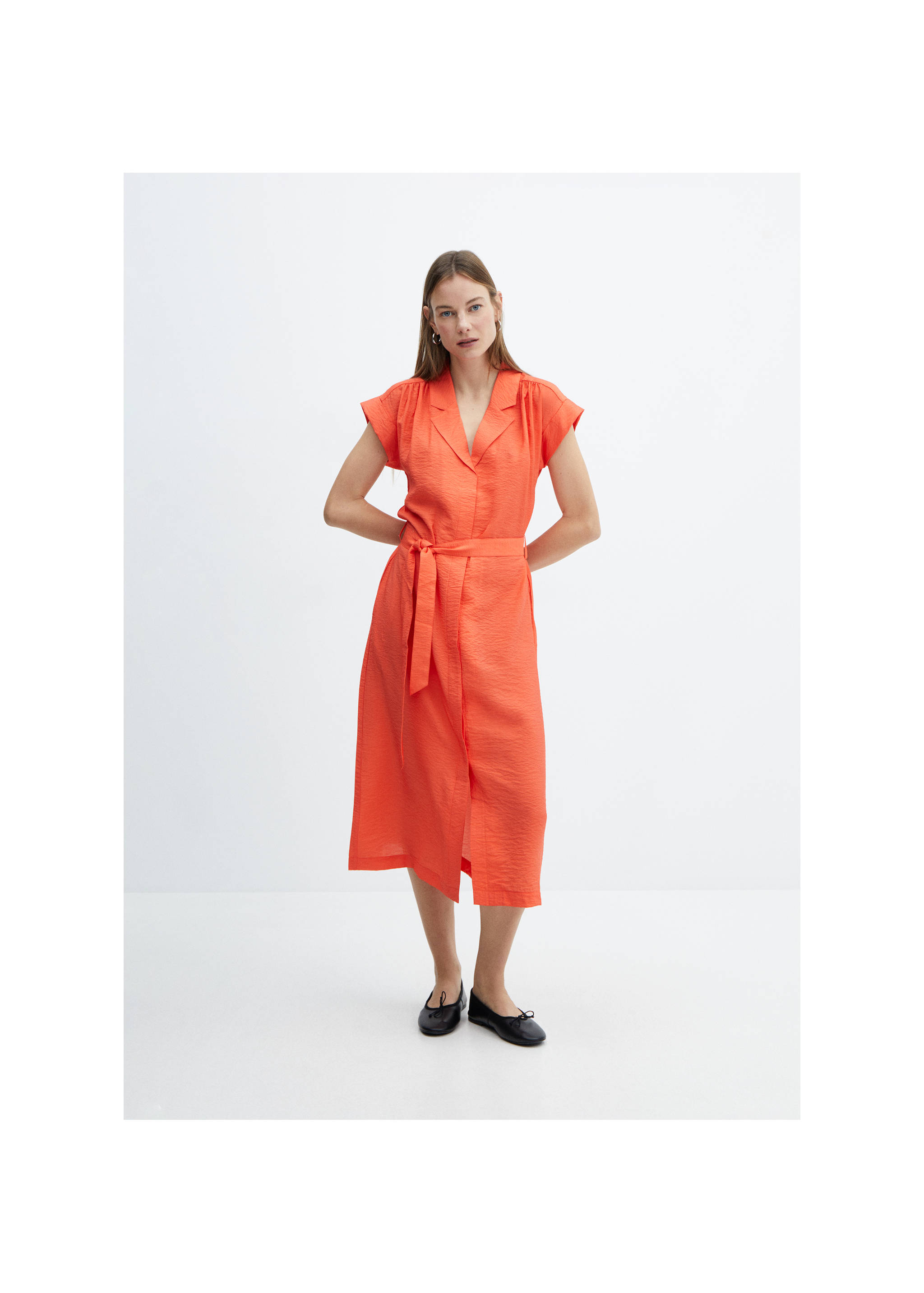 Textured shirt dress with bow - General plane, Coral Red. Ref: 67007124-00.