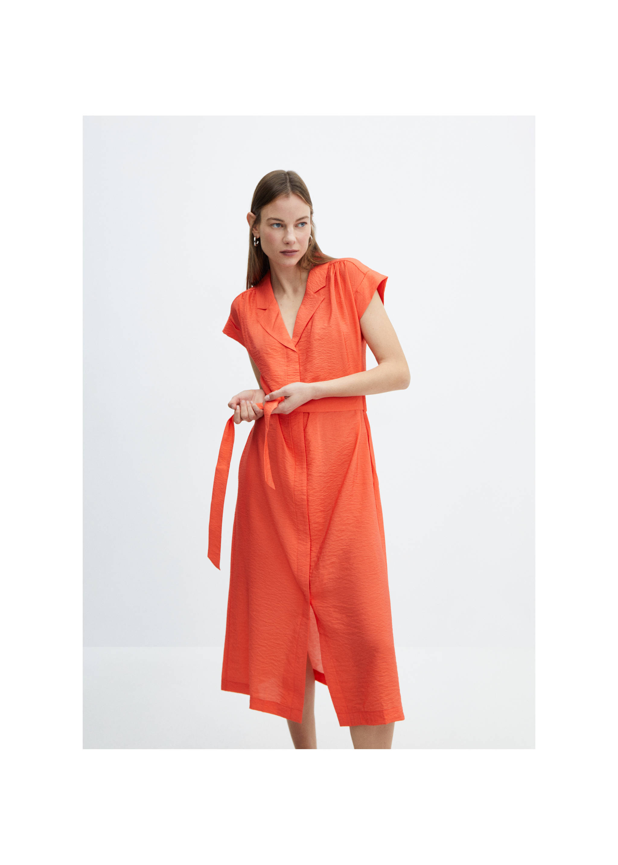 Textured shirt dress with bow - Medium plane, Coral Red. Ref: 67007124-00.