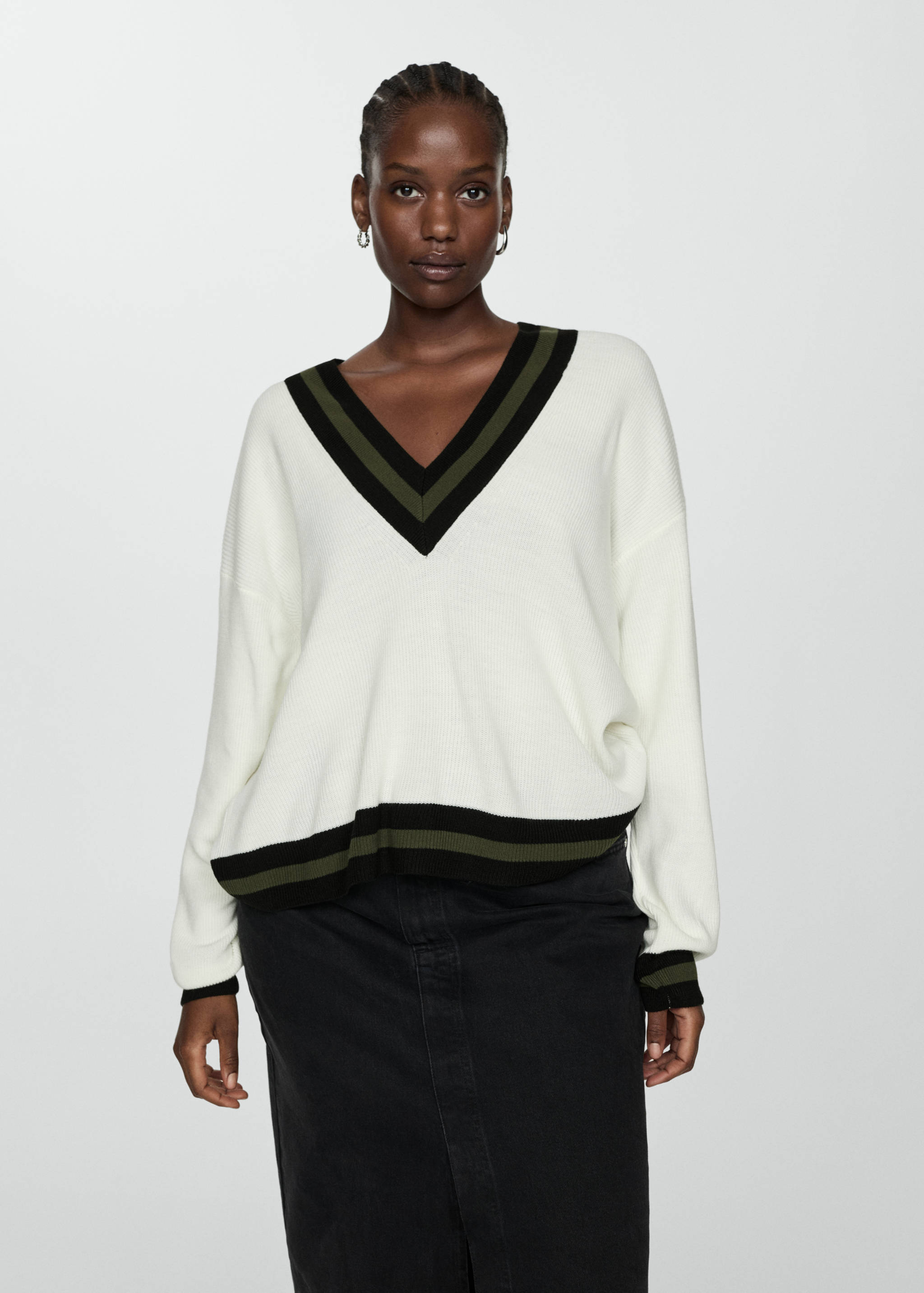 对比色V领毛衣 - null