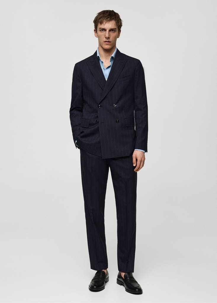Wool pinstripe double-breasted suit jacket — Dark Navy