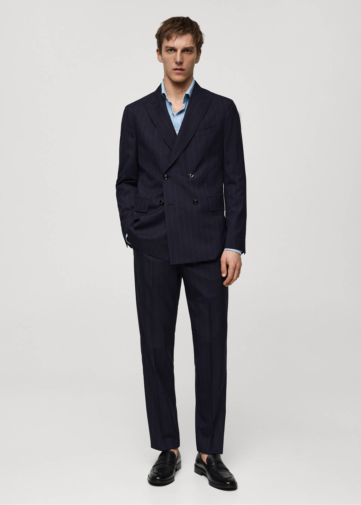 Wool pinstripe double-breasted suit jacket — Dark Navy