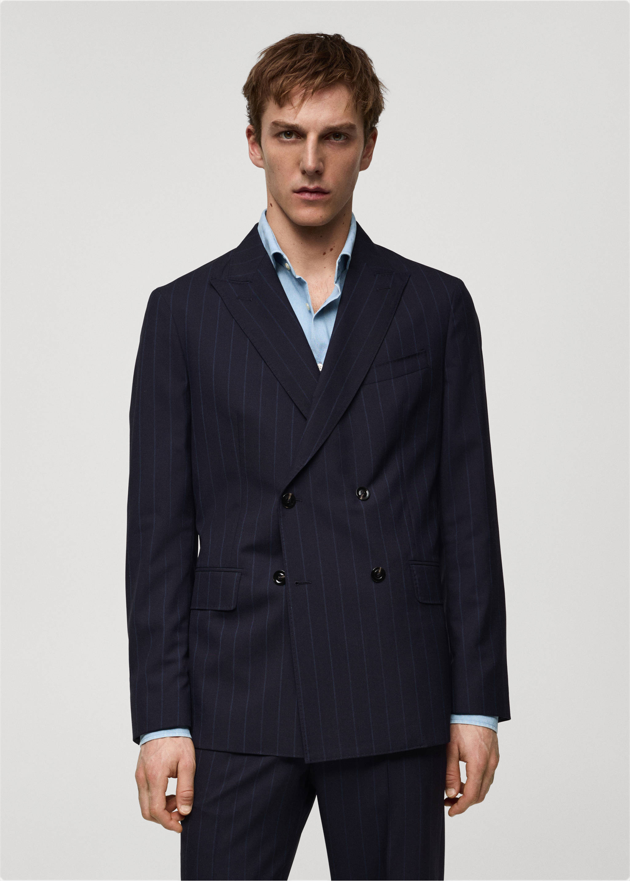 Americana cruzada traje lana raya diplomática - Plano medio, Azul marino oscuro. Ref: 67008270-00.
