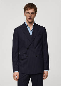 Wool pinstripe double-breasted suit jacket — Dark Navy 1