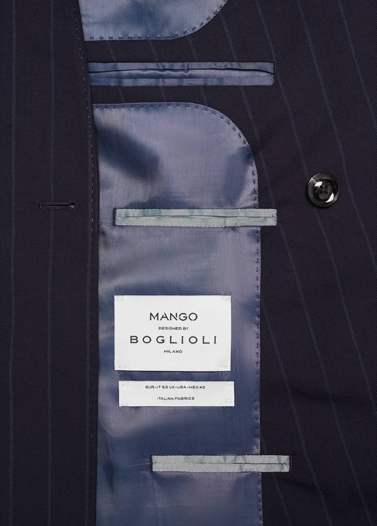 Wool pinstripe double-breasted suit jacket — Dark Navy