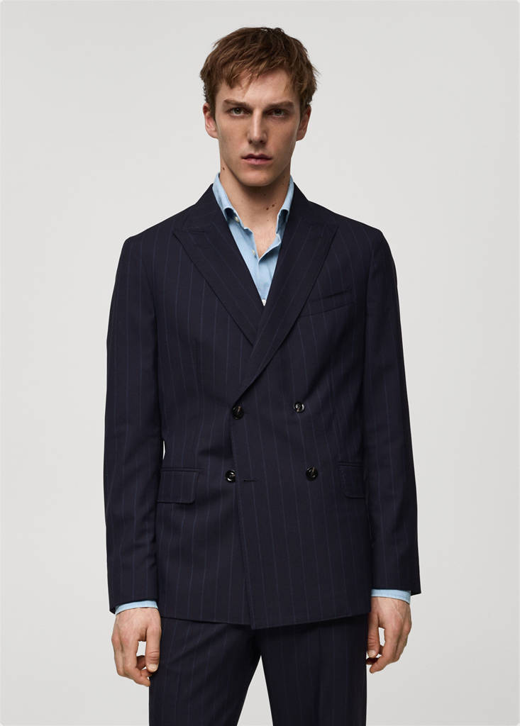 Wool pinstripe double-breasted suit jacket — Dark Navy