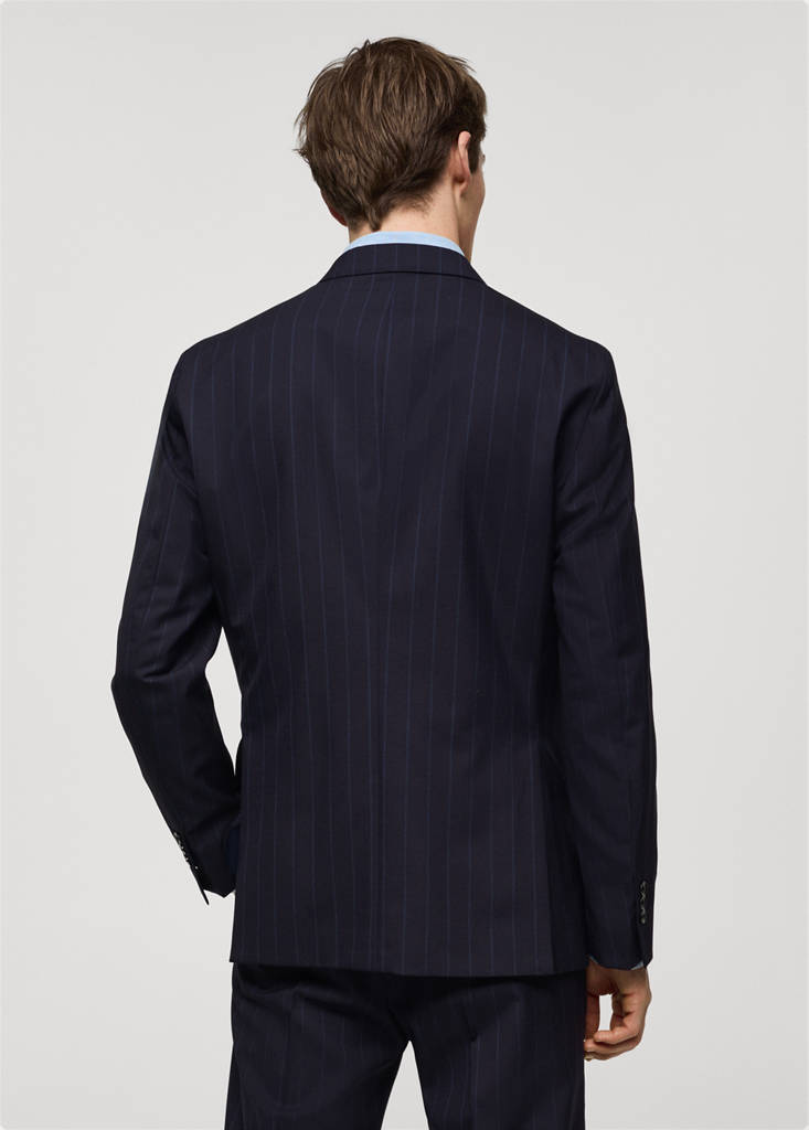 Wool pinstripe double-breasted suit jacket — Dark Navy