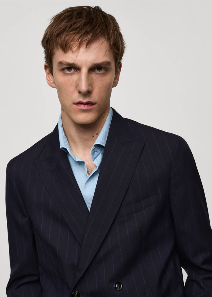 Wool pinstripe double-breasted suit jacket — Dark Navy