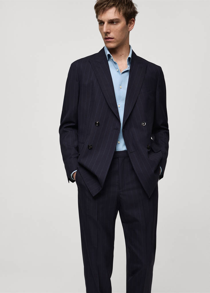 Wool pinstripe double-breasted suit jacket — Dark Navy