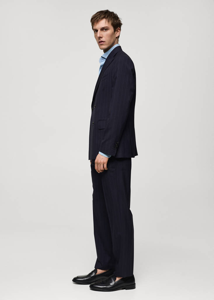 Wool pinstripe double-breasted suit jacket — Dark Navy