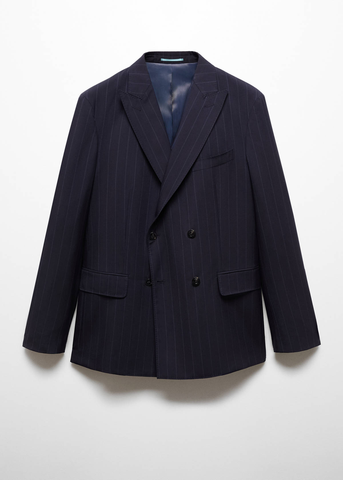 Wool pinstripe double-breasted suit jacket — Dark Navy