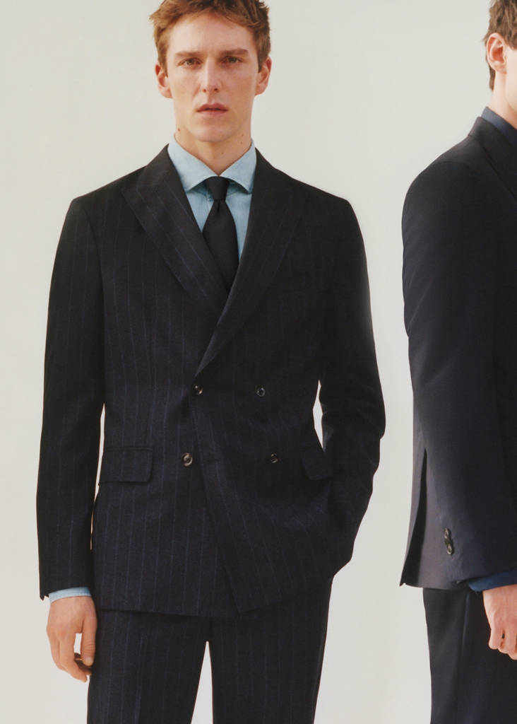 Wool pinstripe double-breasted suit jacket — Dark Navy