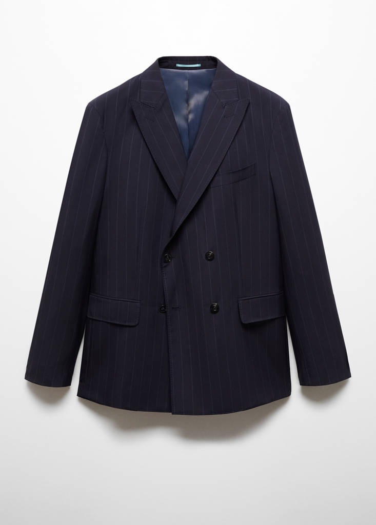 Wool pinstripe double-breasted suit jacket — Dark Navy