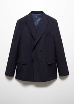 Wool pinstripe double-breasted suit jacket — Dark Navy 9
