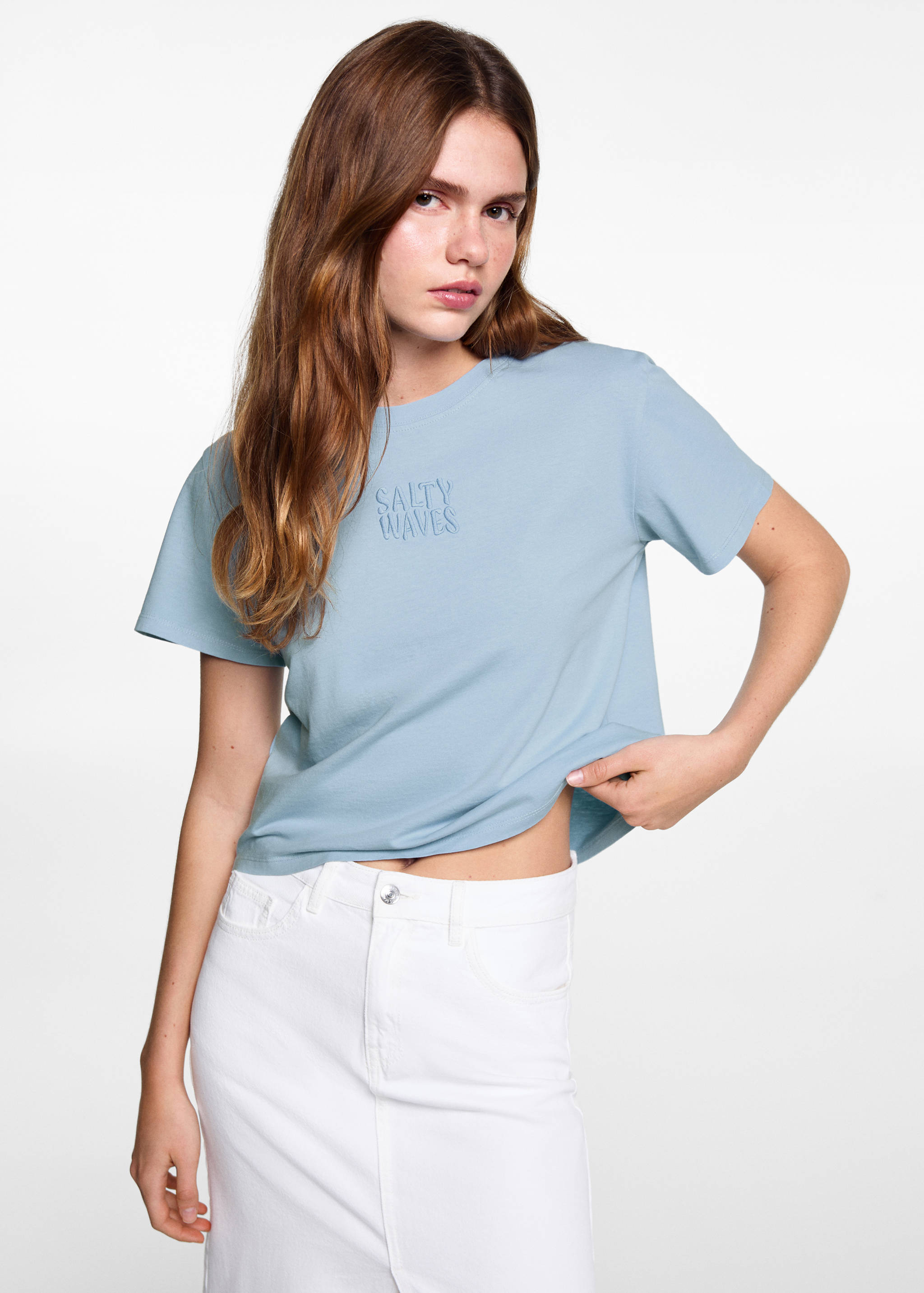 T-shirt coton détail brodé - Plan moyen