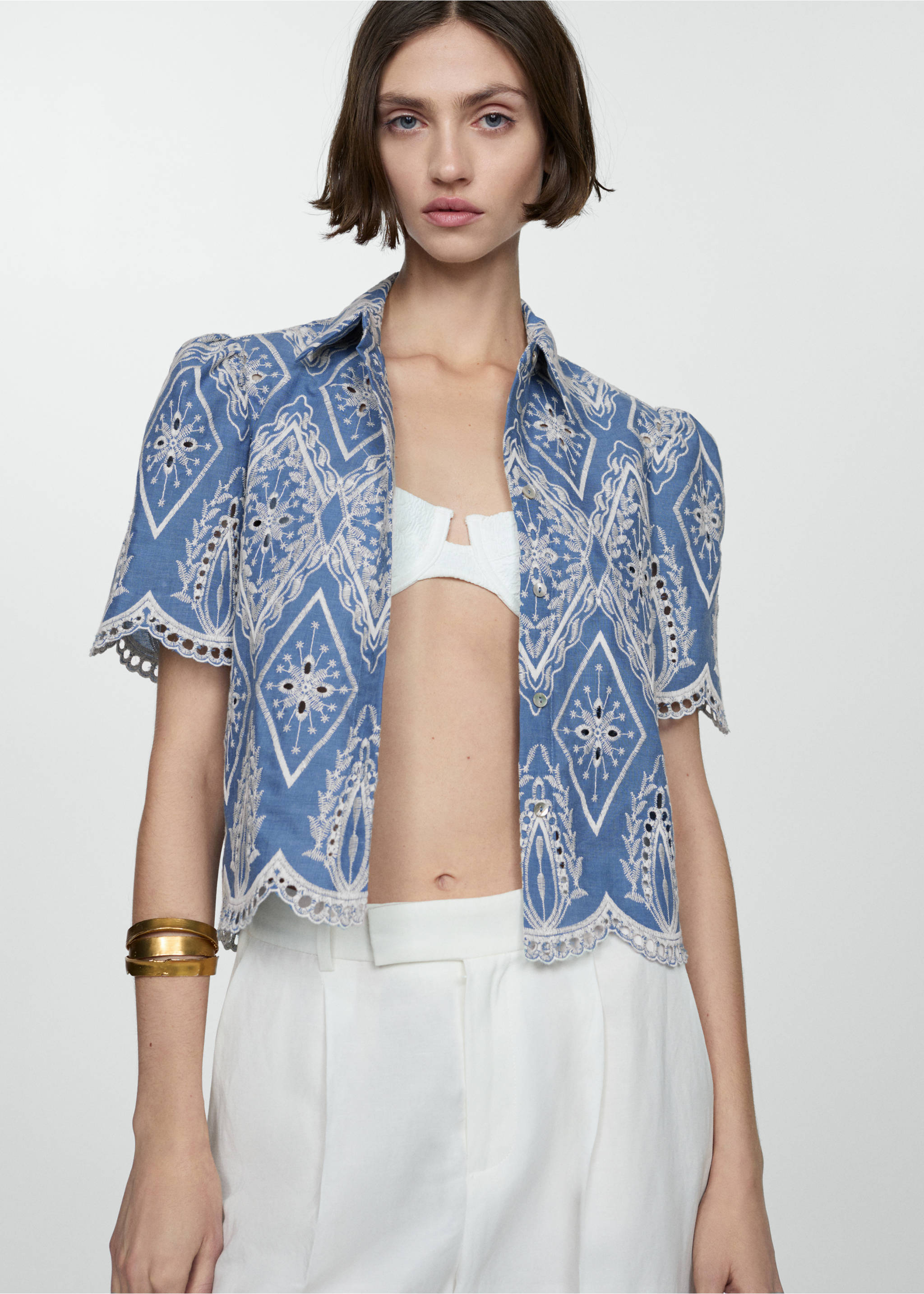 Embroidered openwork shirt - Details of the article 1, Blue. Ref: 67008647-00.