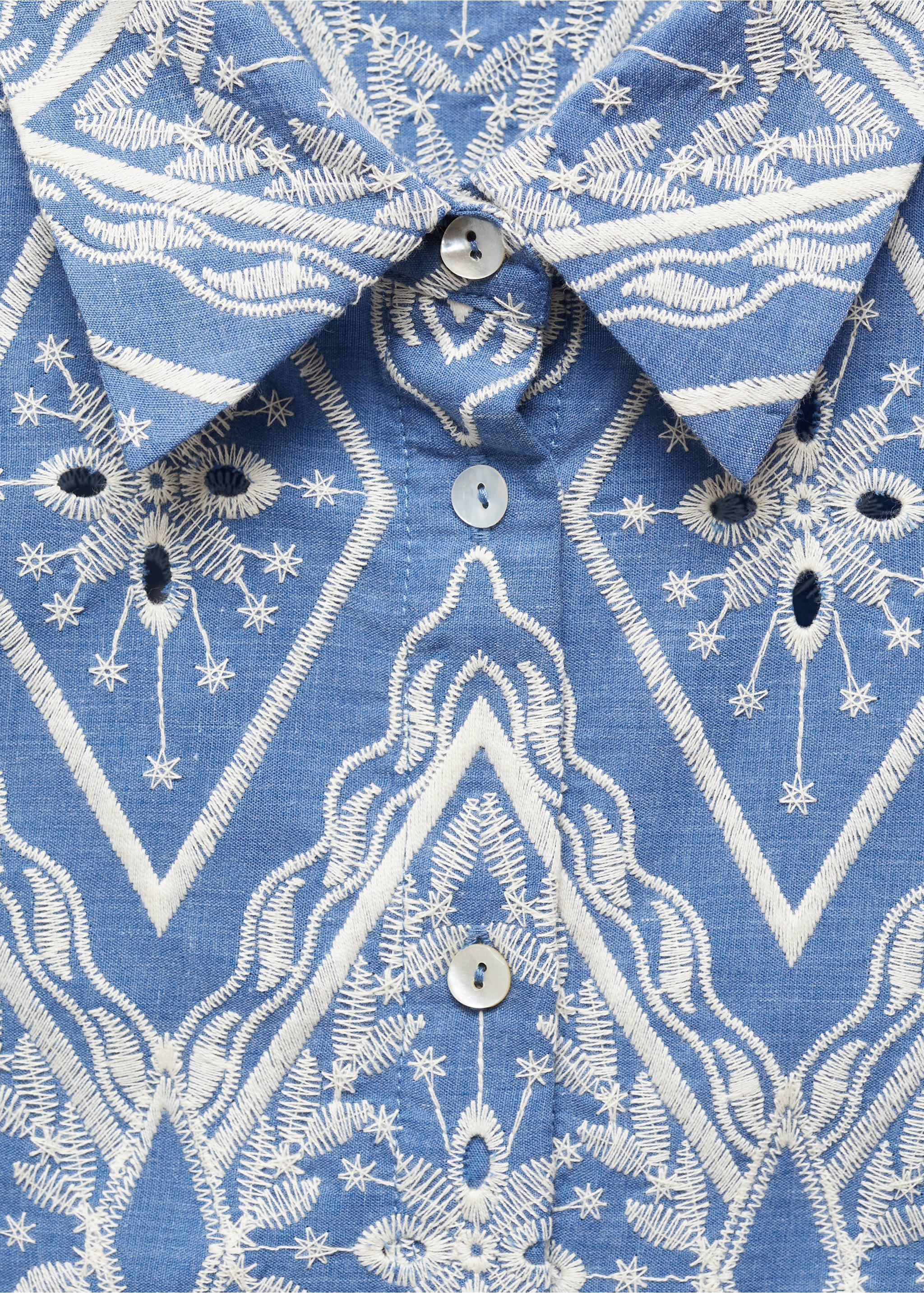 Embroidered openwork shirt - Details of the article 8, Blue. Ref: 67008647-00.