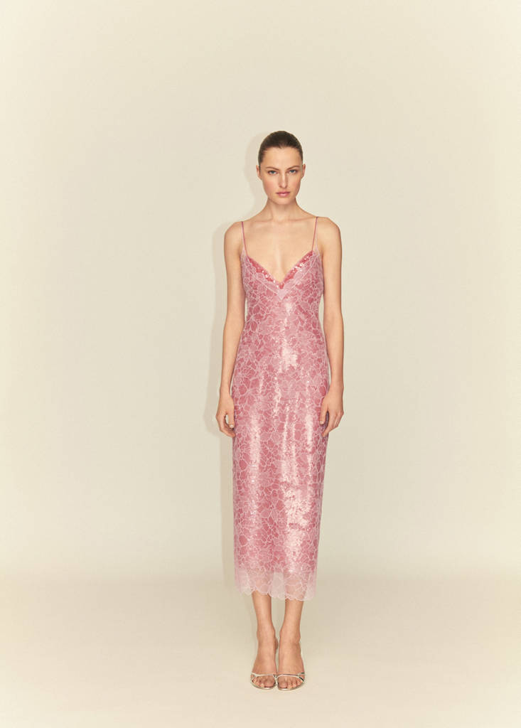 MANGO - Robe style lingerie dentelle paillettes rose - L