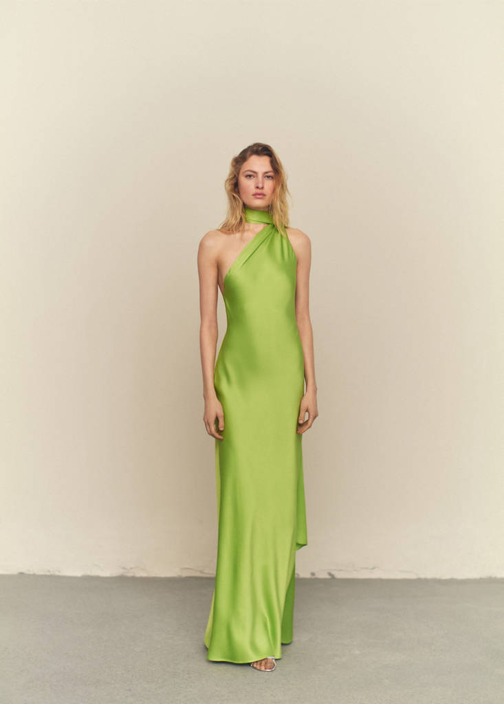 MANGO - Robe asymétrique col naud citron vert - M
