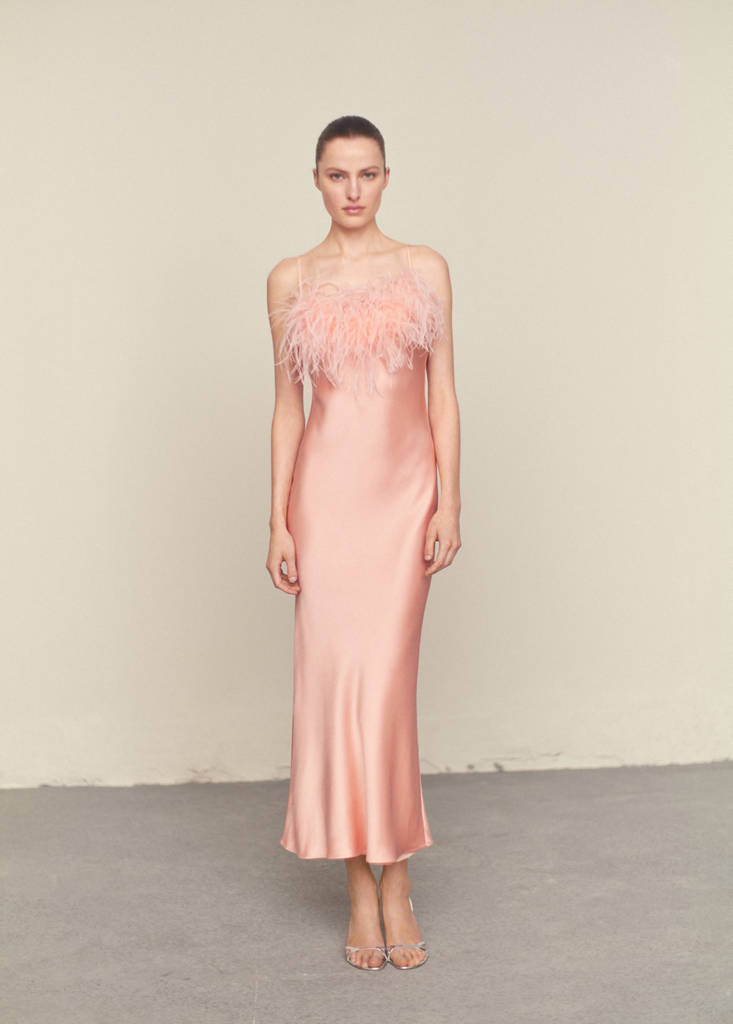 MANGO - Robe satinée détail plumes rose pastel - S