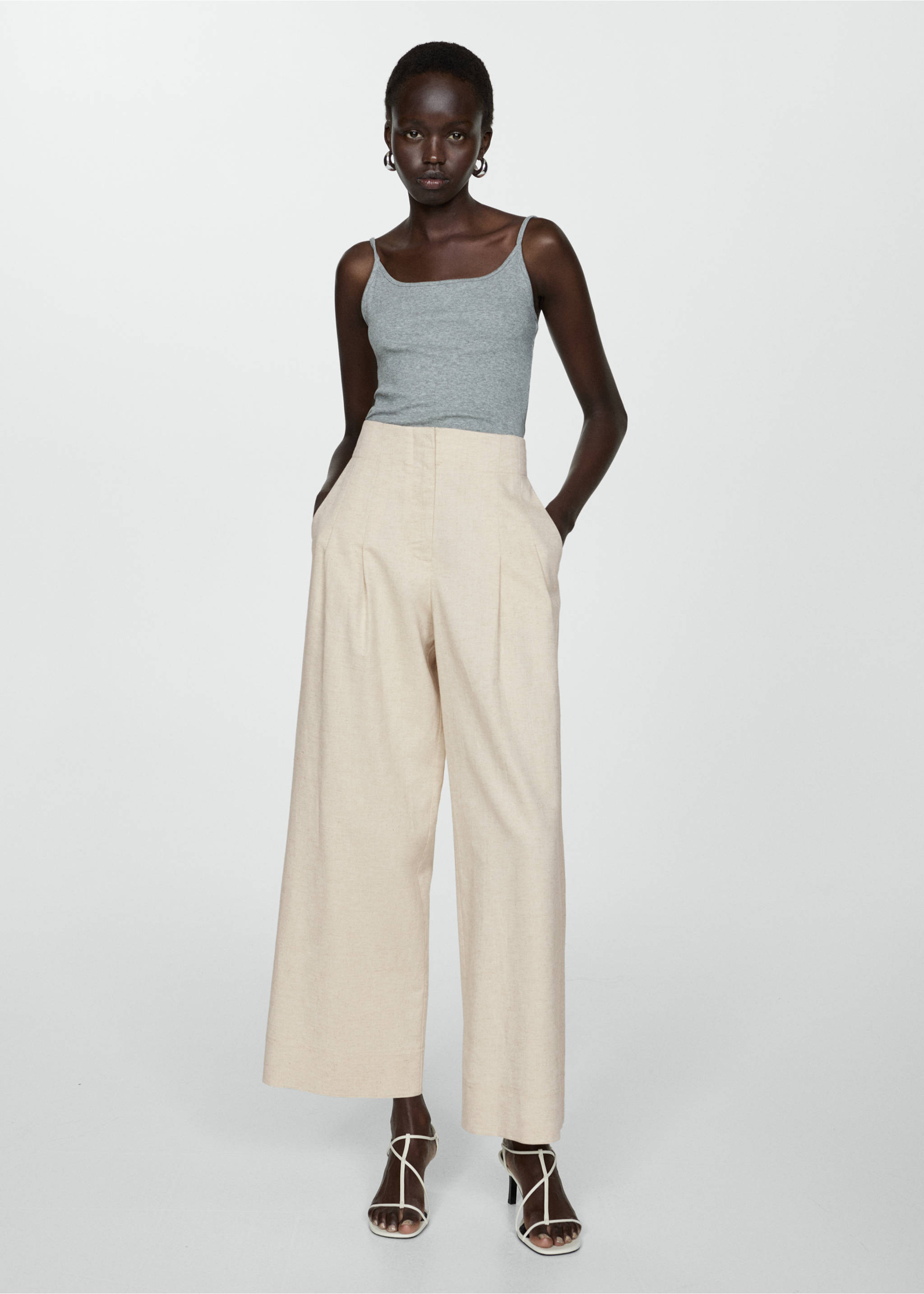 Wide leg pleated trousers - Details of the article 2, Ecru. Ref: 67009406-00.
