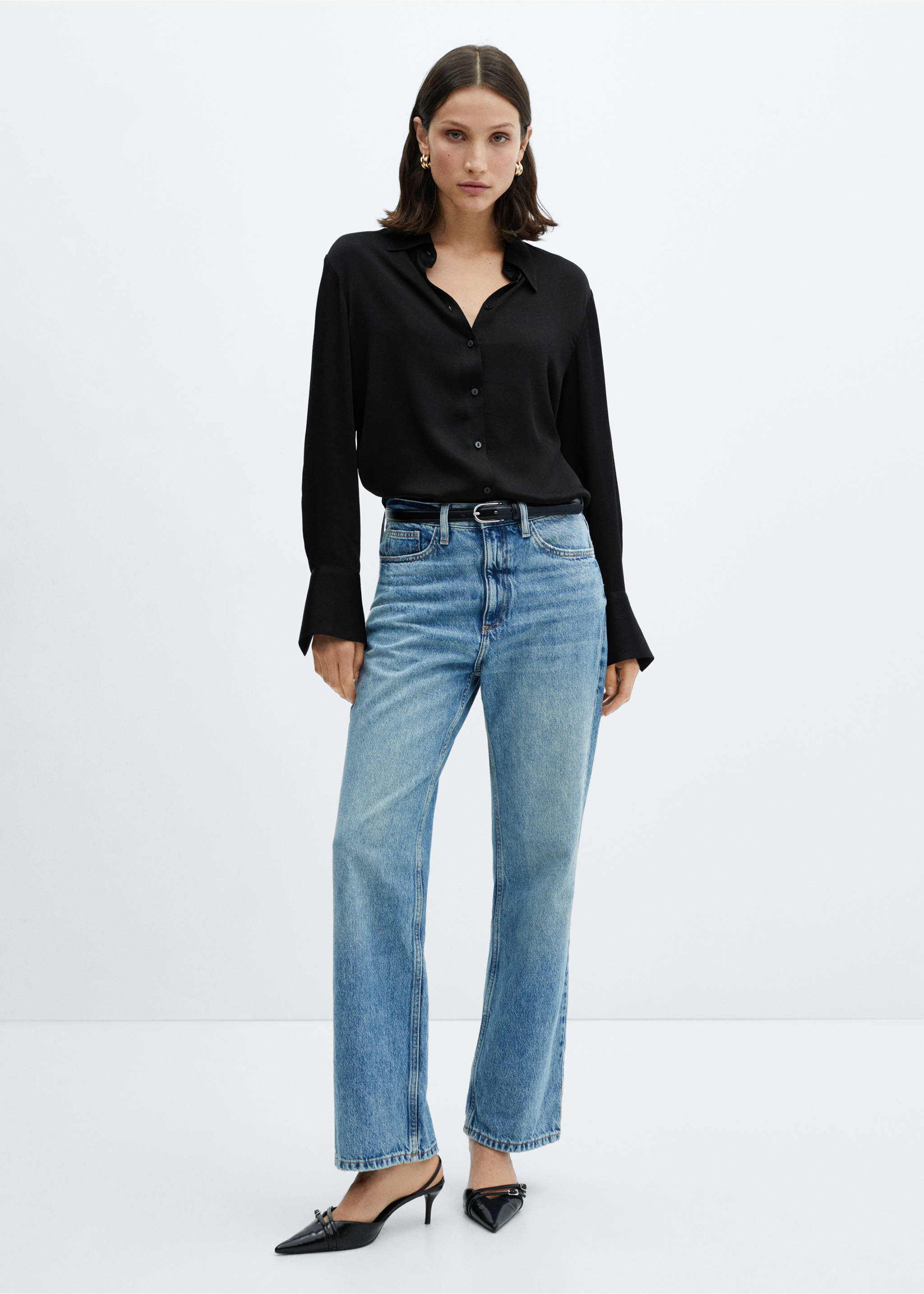 Camisa fluida satinada - Plano general, Negro. Ref: 67010439-00.