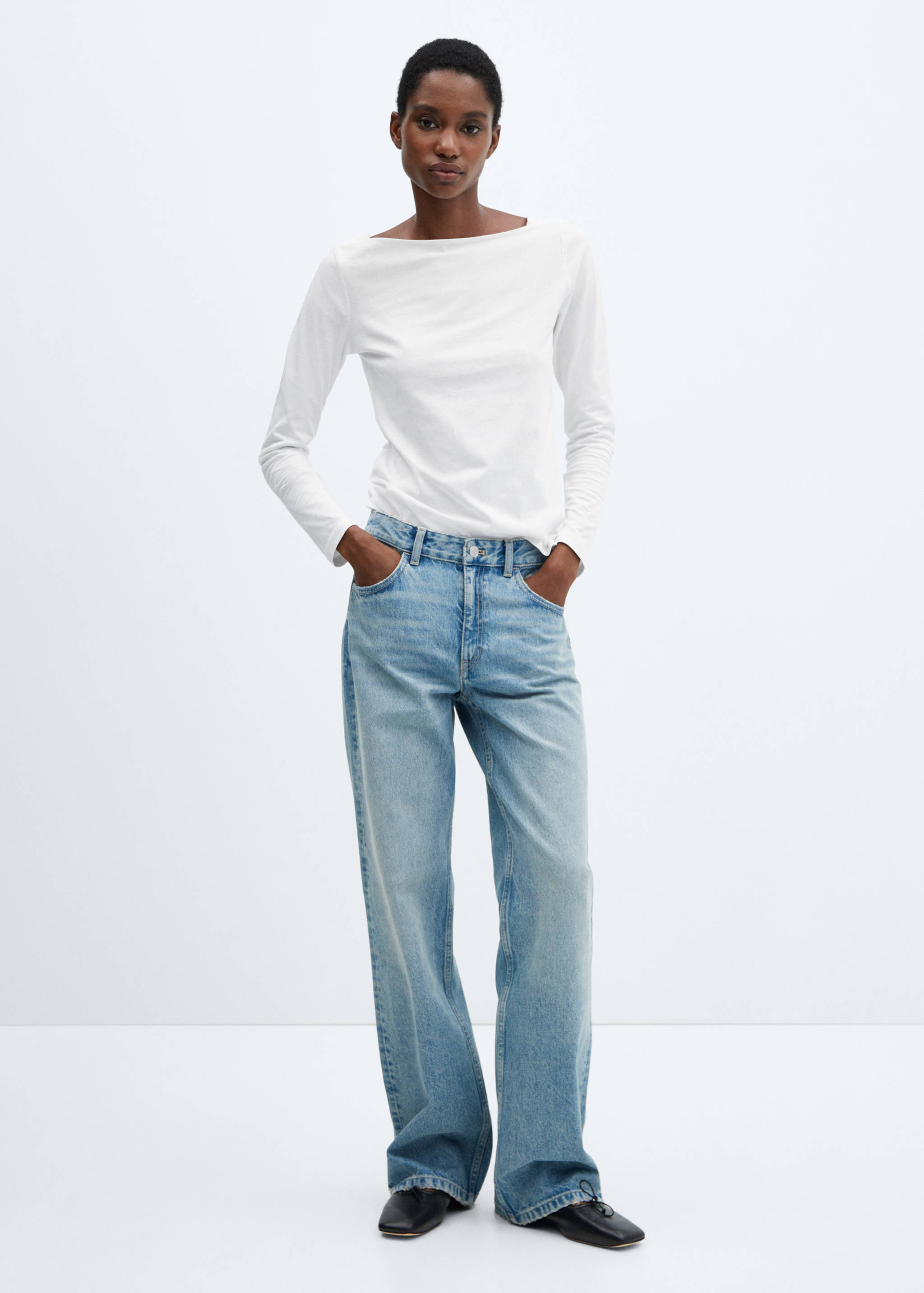 棉质船型领T恤 - null