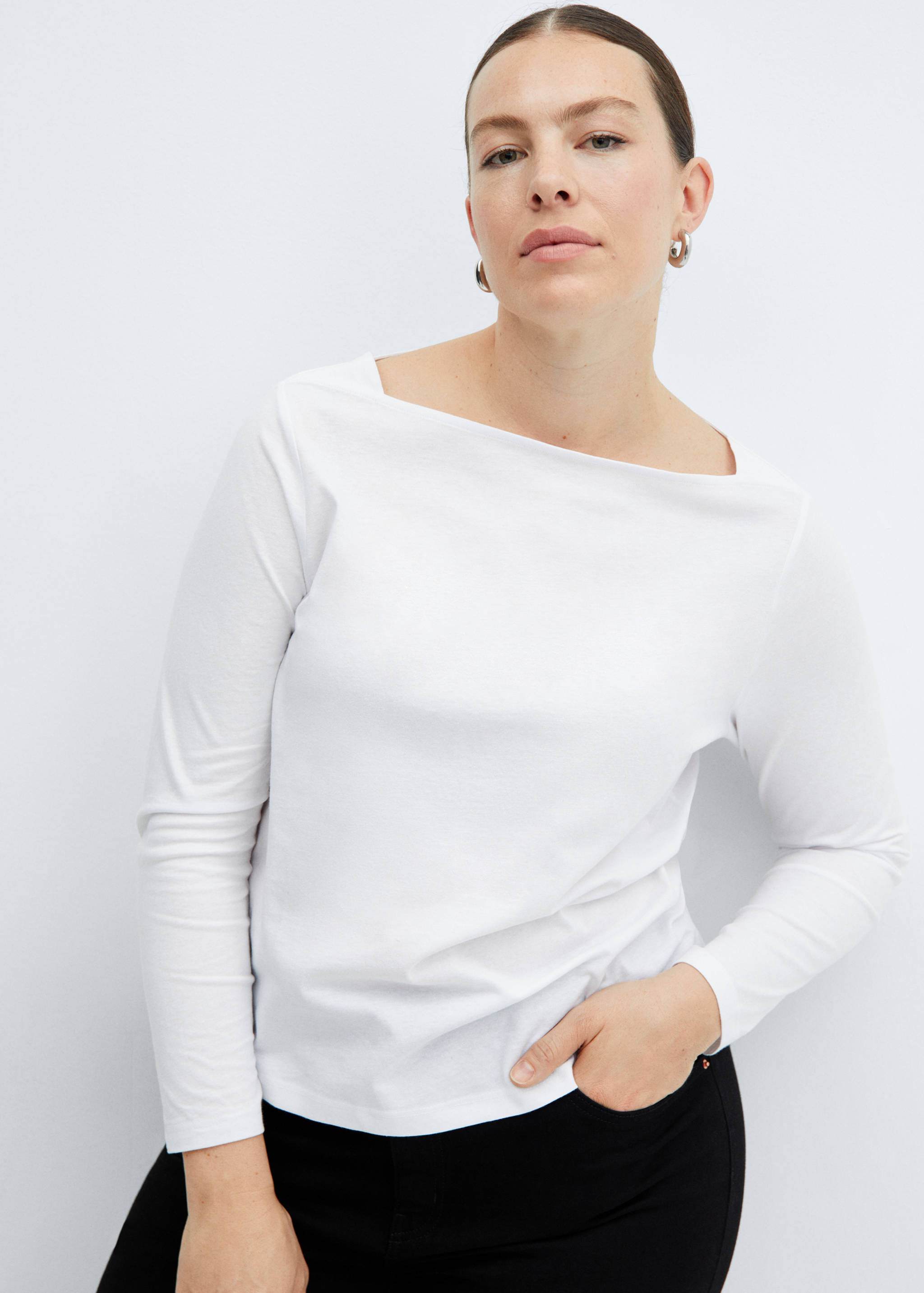 棉质船型领T恤 - null