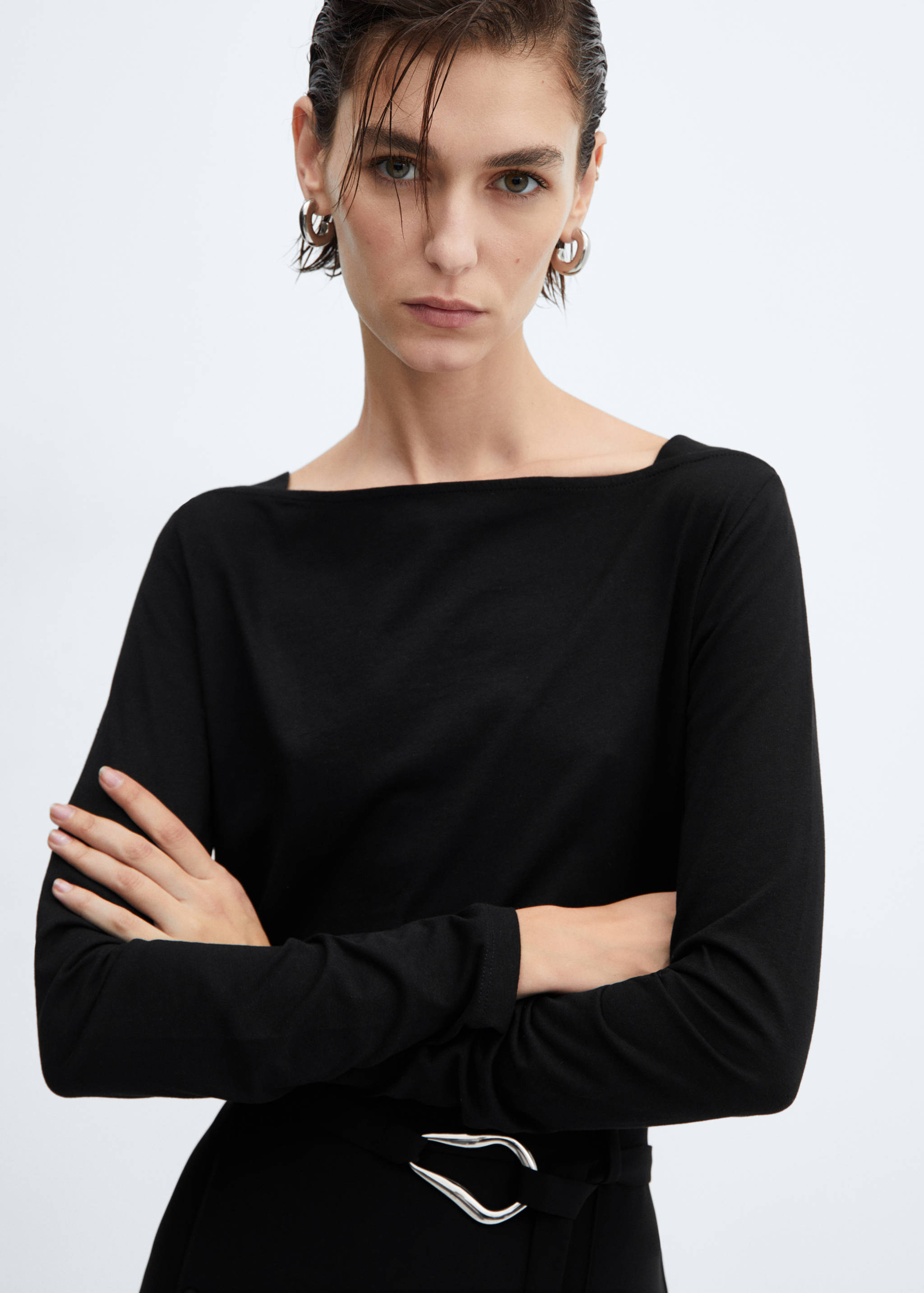 棉质船型领T恤 - null