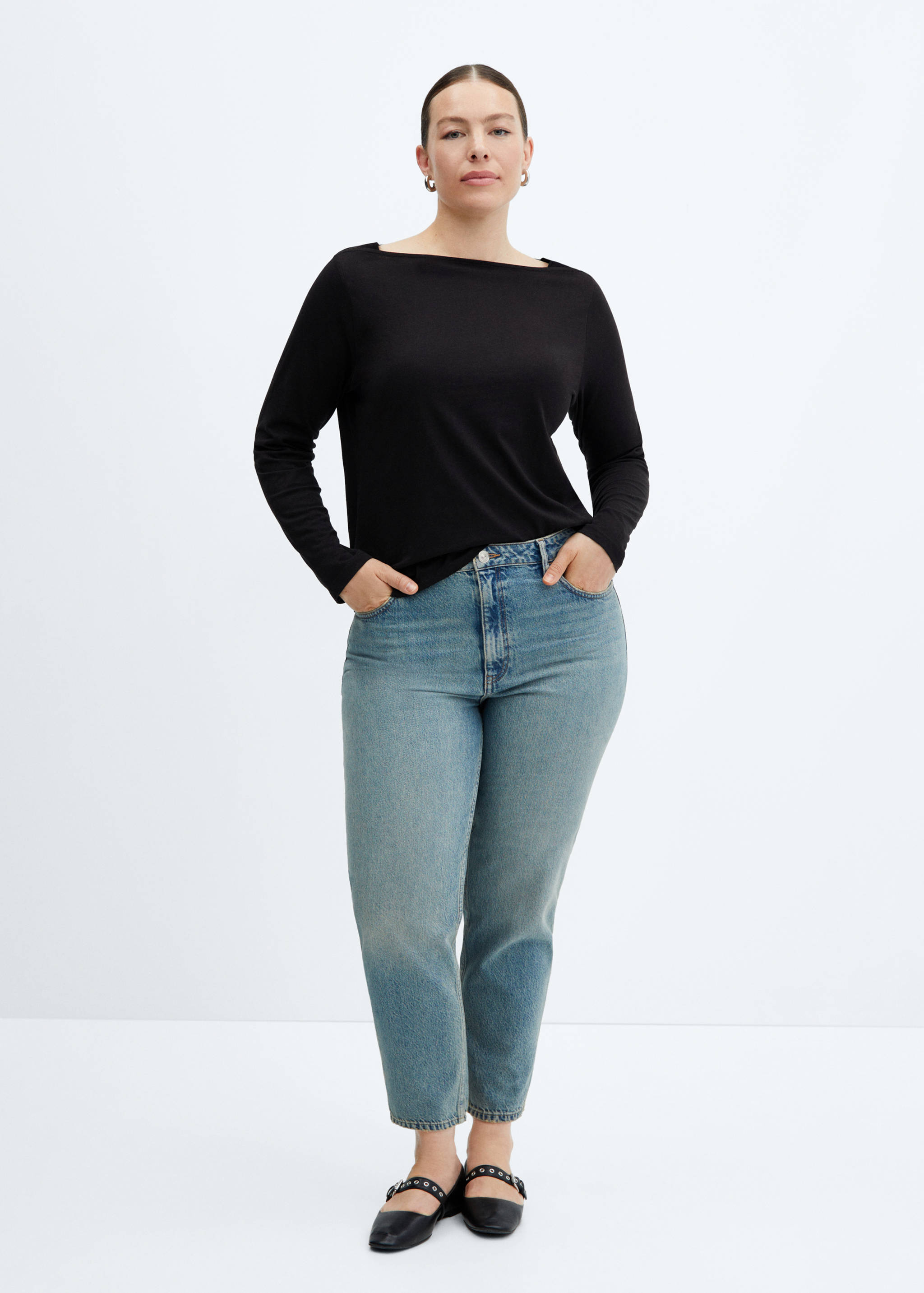 棉质船型领T恤 - null