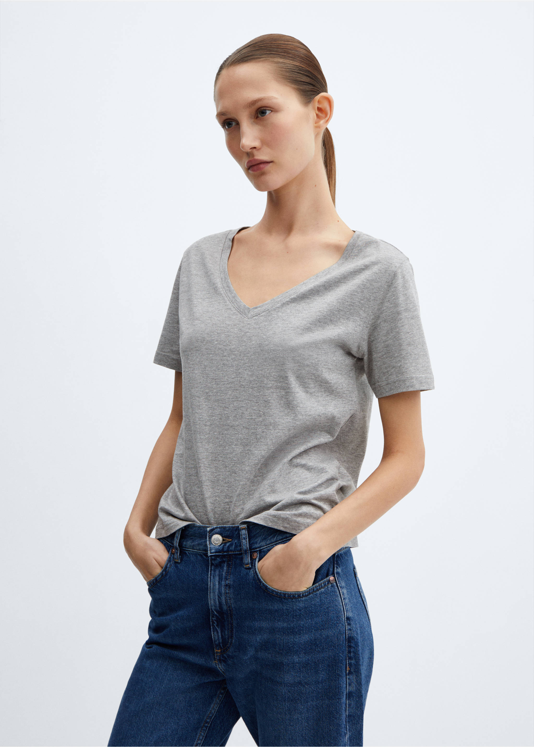 Camiseta algodón cuello pico - Plano medio, Gris medio vigoré. Ref: 67010466-00.