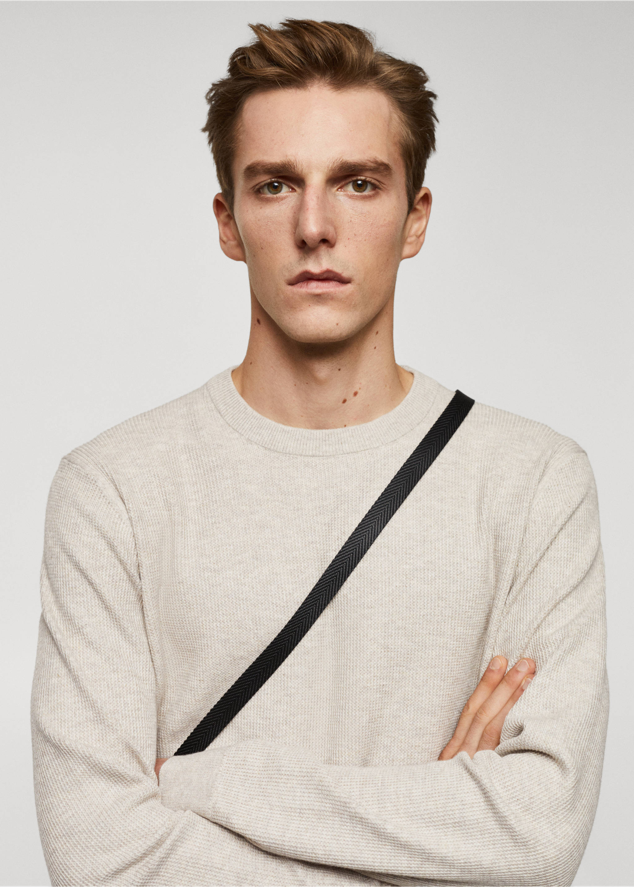 Structured cotton sweater - Details of the article 1, Beige. Ref: 67010651-00.