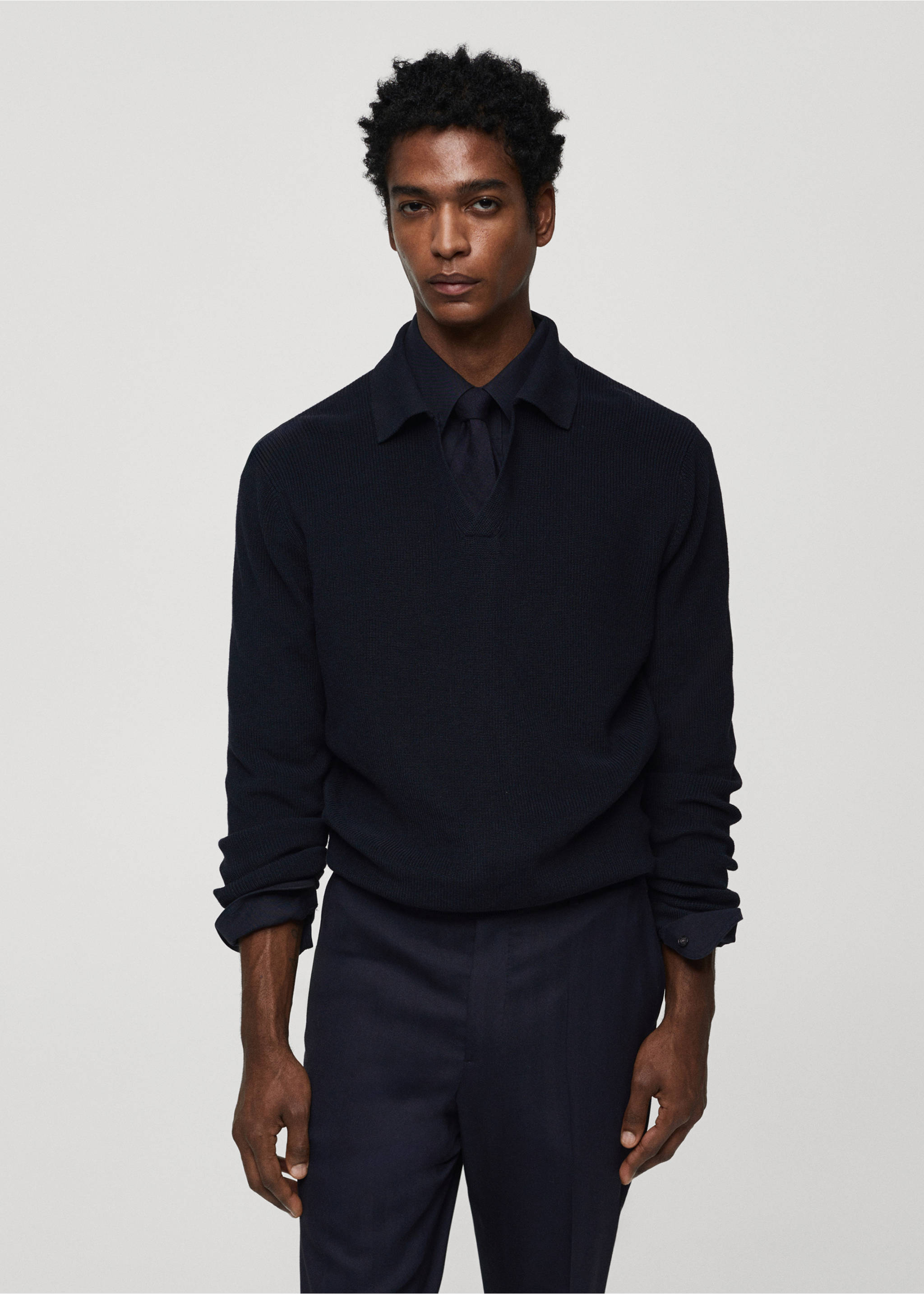 Ribbed knit polo shirt - Medium plane, Dark Navy. Ref: 67014453-00.