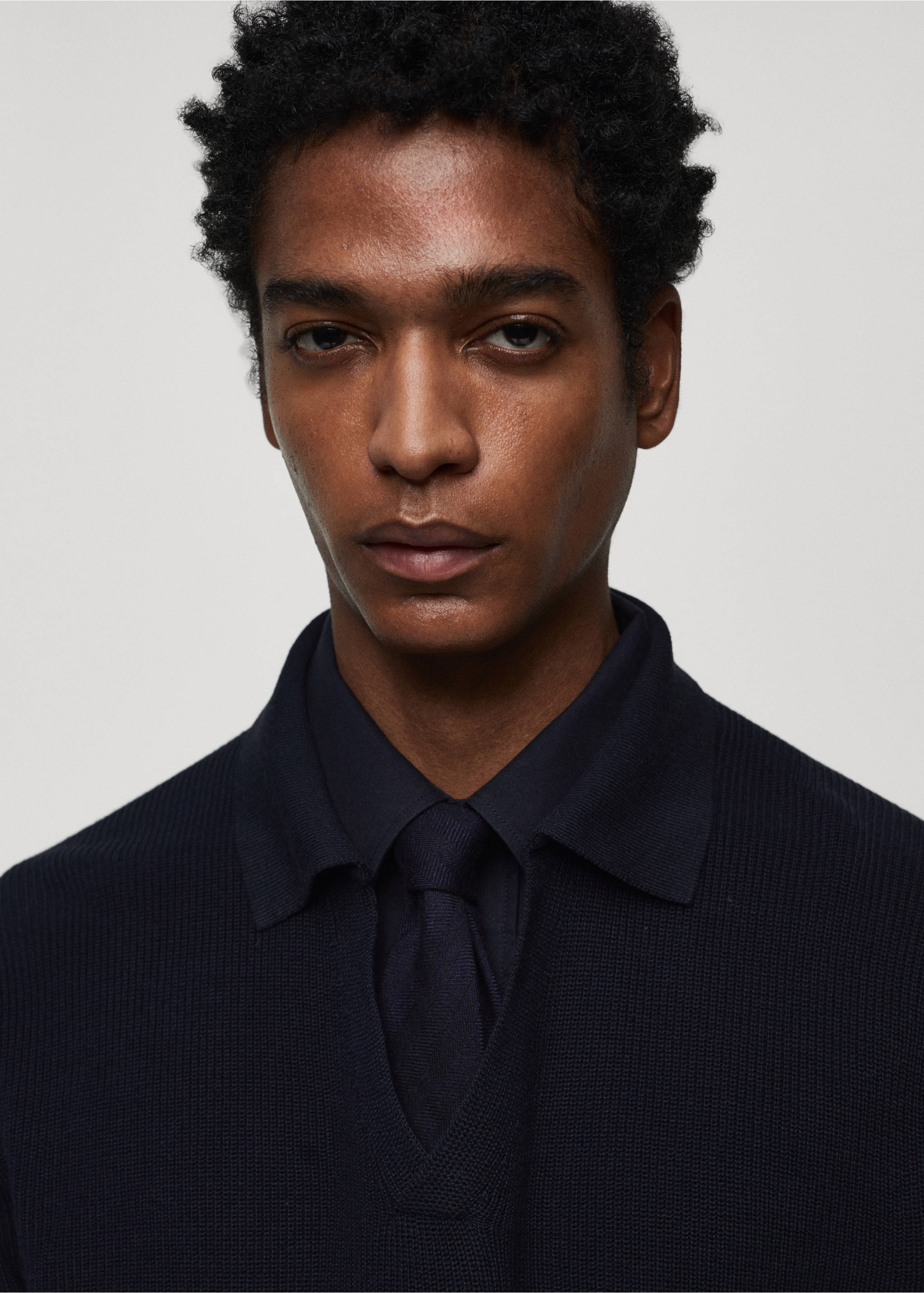 Ribbed knit polo shirt - Details of the article 1, Dark Navy. Ref: 67014453-00.