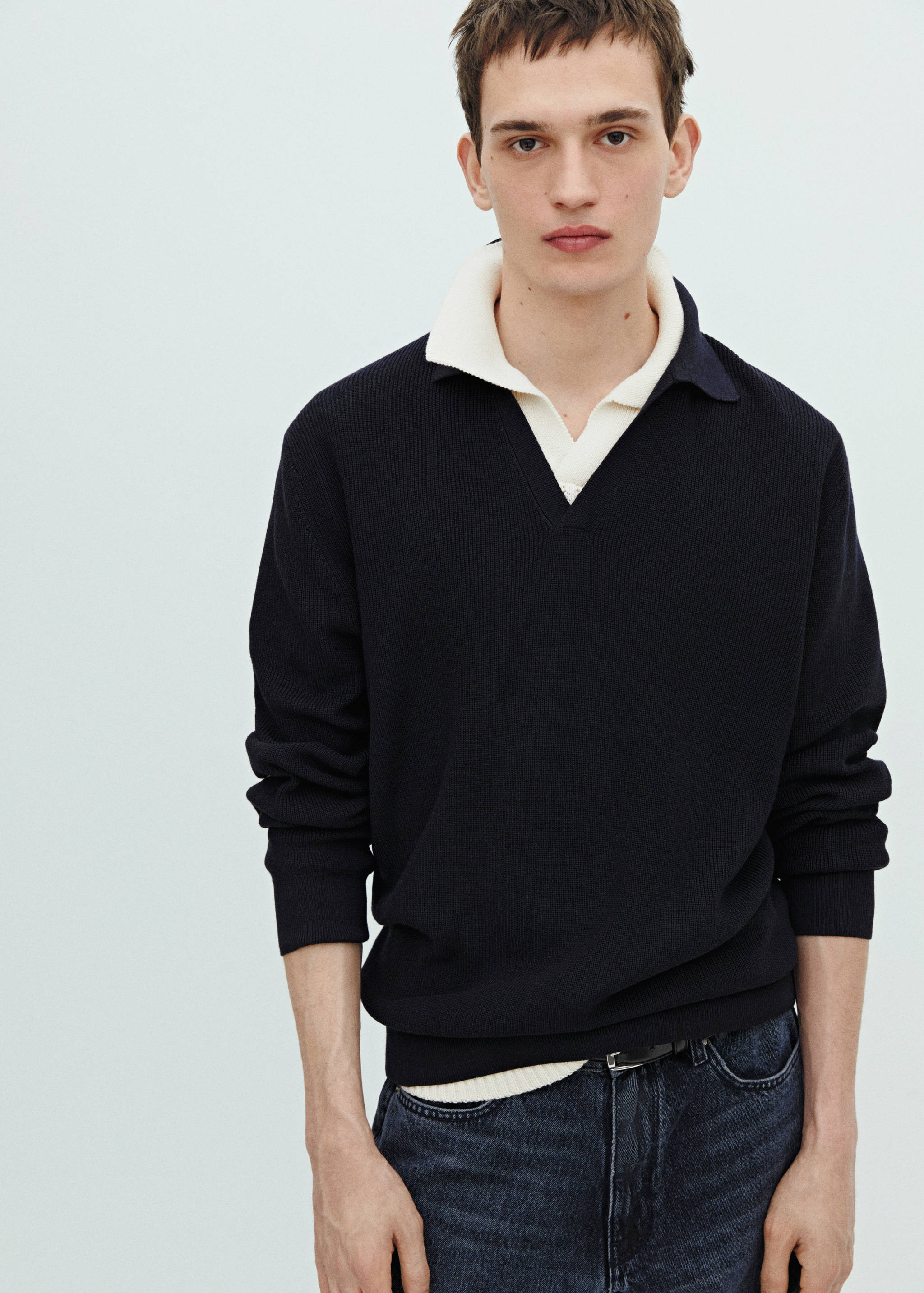 Ribbed knit polo shirt - Details of the article 3, Dark Navy. Ref: 67014453-00.