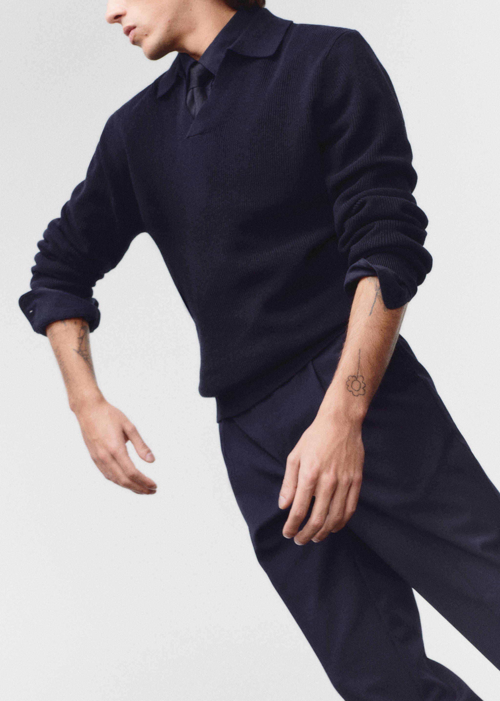Ribbed knit polo shirt - Details of the article 5, Dark Navy. Ref: 67014453-00.