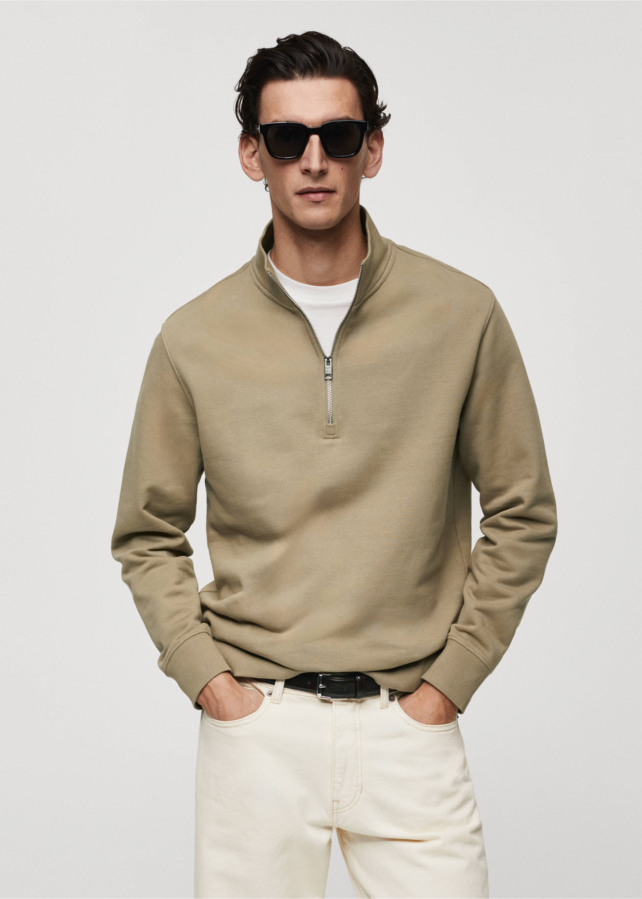 Sudadera algodón cremallera - Plano medio, Arena. Ref: 67014462-00.
